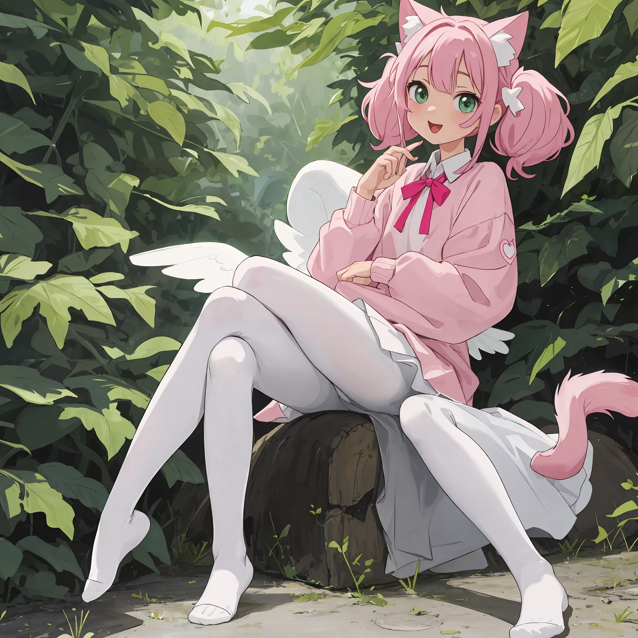 Artistic Lines, Cute Young Anime Girl, Wearing Pink Opaque Nylon Sweater, With Short Silk Puffy Skirt. Sitting With Legs Crossed wearing((white Pantyhose)), Green Eyes, (Happy) Open Mouth tongue out. Pale Supple Skin. One Hand Caressing her own legs. Curly Twin Tails Hair, Magenta Ribbon. Cat Ears And Tail. Angel Wings. Full-Body View. looking at viewer. ((No shoes)) Sexy tease.