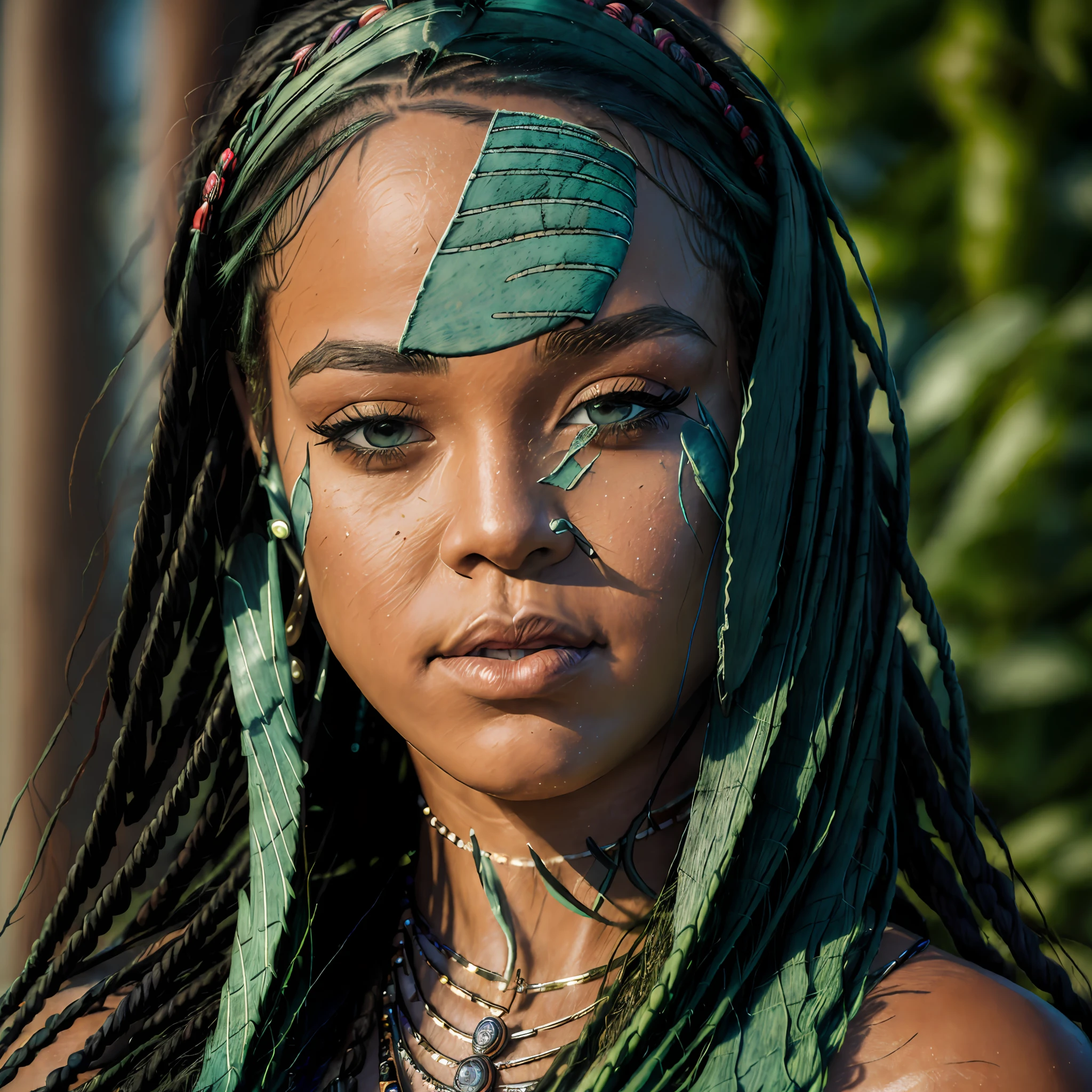 (full portrait), (half shot), solo, detailed background, detailed face, (stonepunkAI, stone theme:1.1), wise, (female), (native american), (beautiful hair, braids:0.2), shaman, septum piercing, mystical, (gorgeous face), stunning, head tilted upwards, (eyes closed, serene expression), calm, meditating, Seafoam Green frayed clothes, prayer beads, tribal jewelry, feathers in hair, headdress:0.33, jade, obsidian, detailed clothing, cleavage, realistic skin texture, (floating particles, water swirling, embers, ritual, whirlwind, wind:1.2), sharp focus, volumetric lighting, good highlights, good shading, subsurface scattering, intricate, highly detailed, ((cinematic)), dramatic, (highest quality, award winning, masterpiece:1.5), (photorealistic:1.5), (intricate symmetrical warpaint:0.5),