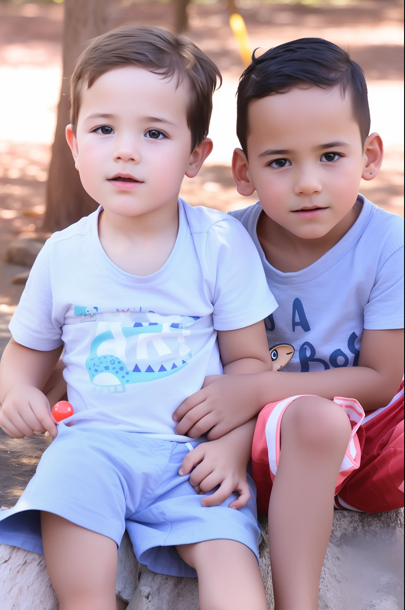 There are two sitting on a rock together, picture portrait, cute boys, picture portrait, 2 years old, broey are very serious, focus in center, serious faces, photo shoot, bowater charlie and brom gerald, friends, in the park, photo shoot, medium portrait, sweet looks, deep image, sharp detail, cute boy, powerful detail size 3000x2000
