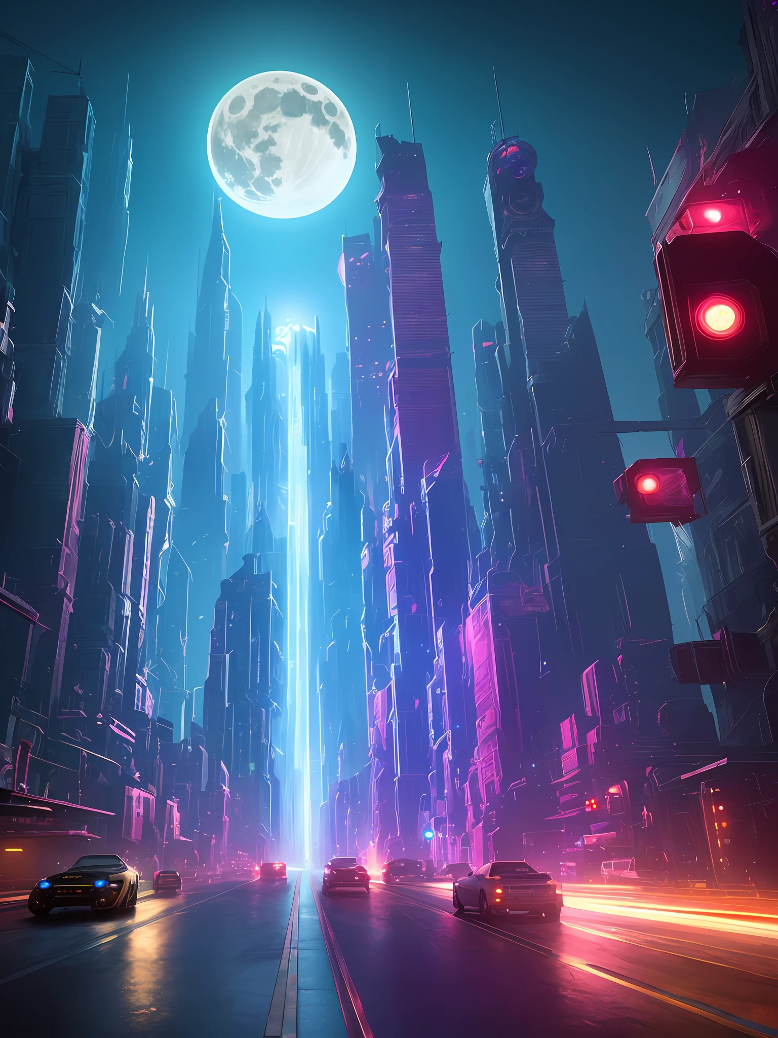 (highly detailed:1.2),(best quality:1.2),(8k:1.0),(emb-rrf-low:1.0),sharp focus,(award-winning photograph:1.2), (subsurface scattering:1.1), Futuristic cityscape with towering skyscrapers, neon-lit streets, flying cars, holographic billboards, and a full moon backdrop, by Robert Broomfield, 3D art, photorealistic, hyper-detailed, dystopian, trending on ArtStation, cinematic lighting, sci-fi, and fantasy.
