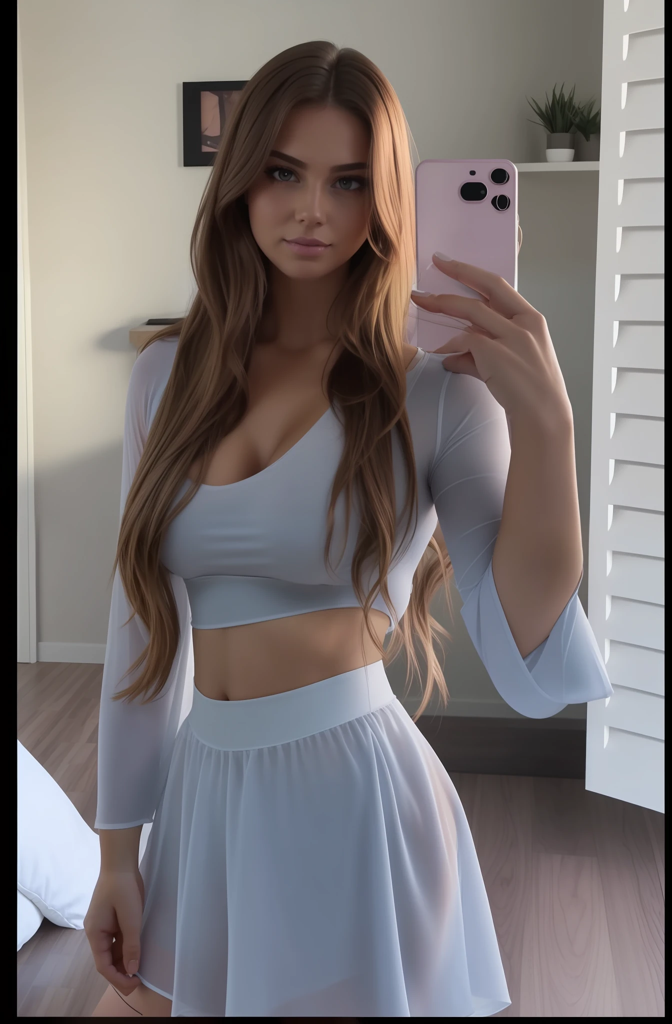 Gorgeous 22 year old girl, skin tight clothes, large busted, brown hair, very happy, seductive look, showing her body, no jacket, light skin, light brown hair, thick lashes, bright lighting, 4k, highest resolution, large busted, large heart shaped butt, piercing eyes, thick thighs, sfw, wavy light brown hair, white lighting, defined breasts, defined butt, nipple print, light pink lips, wavy hair, see through shirt, clear shirt, no_bra, nipple imprint, no shirt, visible, face dimples, juicy lips, no bra, thick lips, no top, no shirt