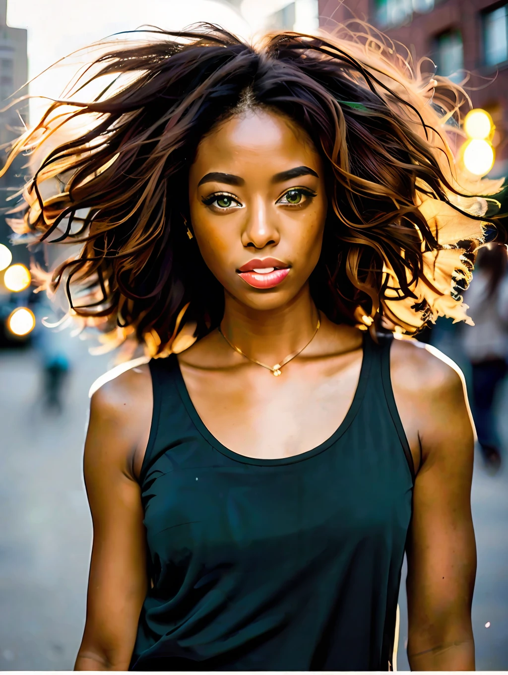 portrait of an insanely stunning beautiful sexy Afro-American woman in a city environment, messy windy light brown hair, flipping hair, green eyes, symmetrical face, dramatic lighting, Chaotic atmosphere, sharp eyes, (extreme skin details) ultra realistic, rule of thirds, dramatic overhead lighting, detailed face, cute, shallow depth of field, intricate details, gold rays,