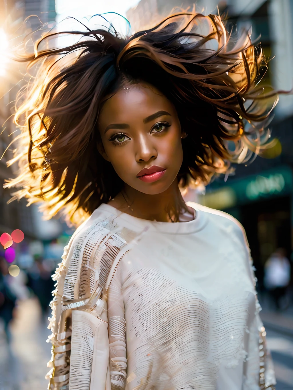 portrait of an insanely stunning beautiful sexy Afro-American woman in a city environment, messy windy light brown hair, flipping hair, green eyes, symmetrical face, dramatic lighting, Chaotic atmosphere, sharp eyes, (extreme skin details) ultra realistic, rule of thirds, dramatic overhead lighting, detailed face, cute, shallow depth of field, intricate details, gold rays,