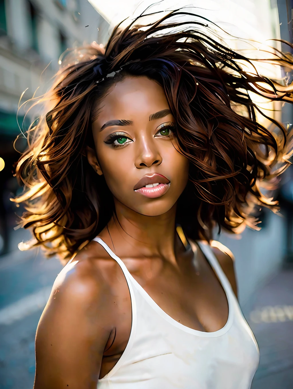 portrait of an insanely stunning beautiful sexy Afro-American woman in a city environment, messy windy light brown hair, flipping hair, green eyes, symmetrical face, dramatic lighting, Chaotic atmosphere, sharp eyes, (extreme skin details) ultra realistic, rule of thirds, dramatic overhead lighting, detailed face, cute, shallow depth of field, intricate details, gold rays,