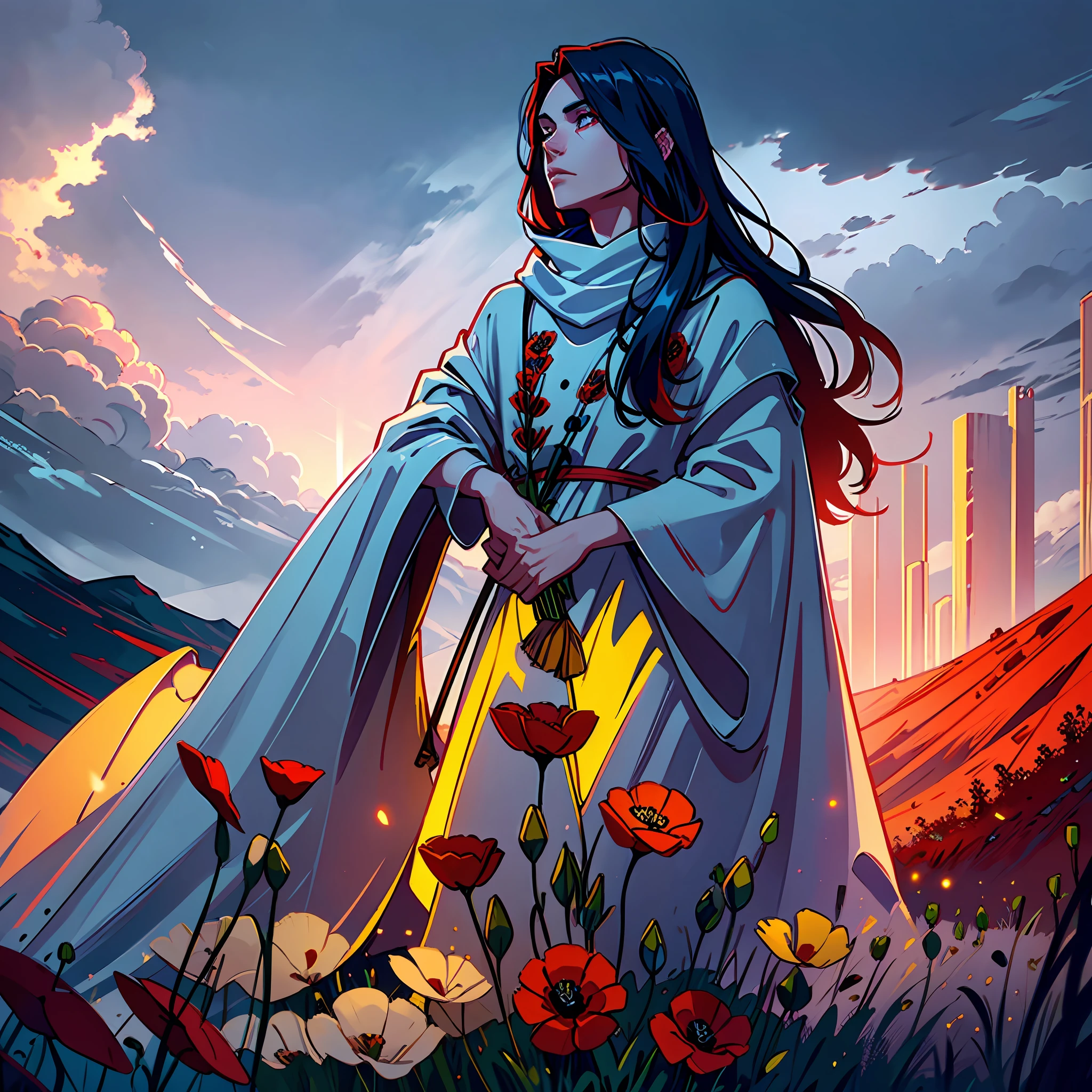 A skinny young man with long hair, holding a staff, shrouded in white mist, in a field of scarlet poppies. He is looking up at the sky, which is filled with red and blue clouds and a bright yellow light illuminates his serene face. # Quality: high # Style: realistic # Theme: magical # Colors: red and blue # Lighting: bright yellow light # Weather: cloudy # Scene: poppy field
