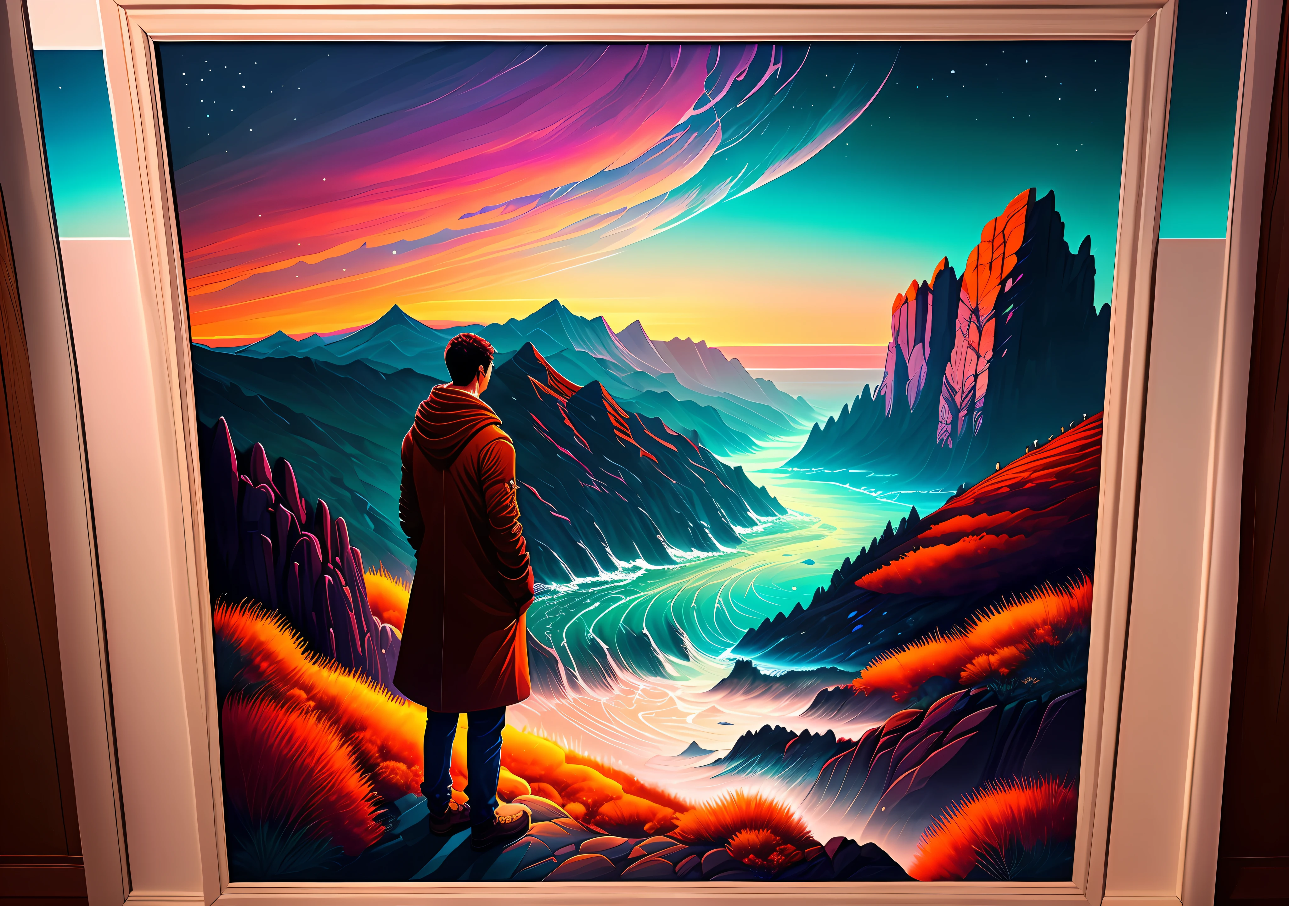 Craft a mesmerizing scene that deeply connects with the viewer, evoking a range of emotions and leaving an indelible impact without relying on words. Use a vibrant and contrasting color palette to intensify the visual impact. Depict a solitary figure standing at the edge of a breathtaking cliff, overlooking a vast and awe-inspiring landscape. Let the figure's posture and facial expression convey a mixture of awe, contemplation, and a hint of melancholy. Surround the scene with elements of nature, such as swirling clouds, distant mountains, or a cascading waterfall, to enhance the immersive experience. Infuse the atmosphere with a touch of magic or mystery, perhaps through subtle glowing orbs or ethereal light. Allow the composition and details of the scene to captivate the viewer and invite them on an emotional journey that lingers in their thoughts long after they've seen the artwork., intricate, masterpiece, expert, insanely detailed, 4k, composition, framing, centered, symmetry, painted, intricate, volumetric lighting, beautiful, rich deep colors masterpiece, sharp focus, ultra detailed, in the style of dan mumford and marc simonetti, astrophotography