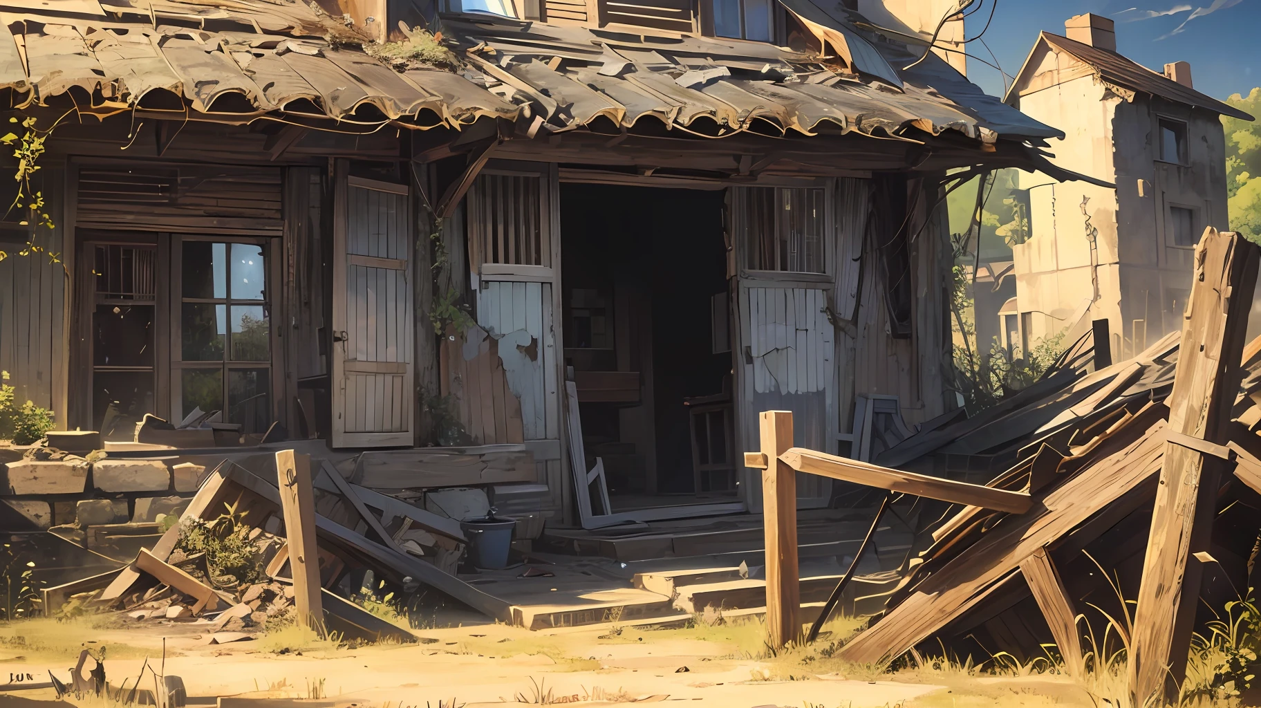 "An old house, abandoned long ago, with traces of wood aged and worn by nature, has now been completely destroyed by the action of time. All that remains are fragments of rubble and debris strewn across the ground. The shadows of the afternoon sun fall into the ruins, creating a melancholy and solemn atmosphere. (old house, aged wood, ruins, rubble, debris, shadows of the sun, melancholy atmosphere)" --auto --s2