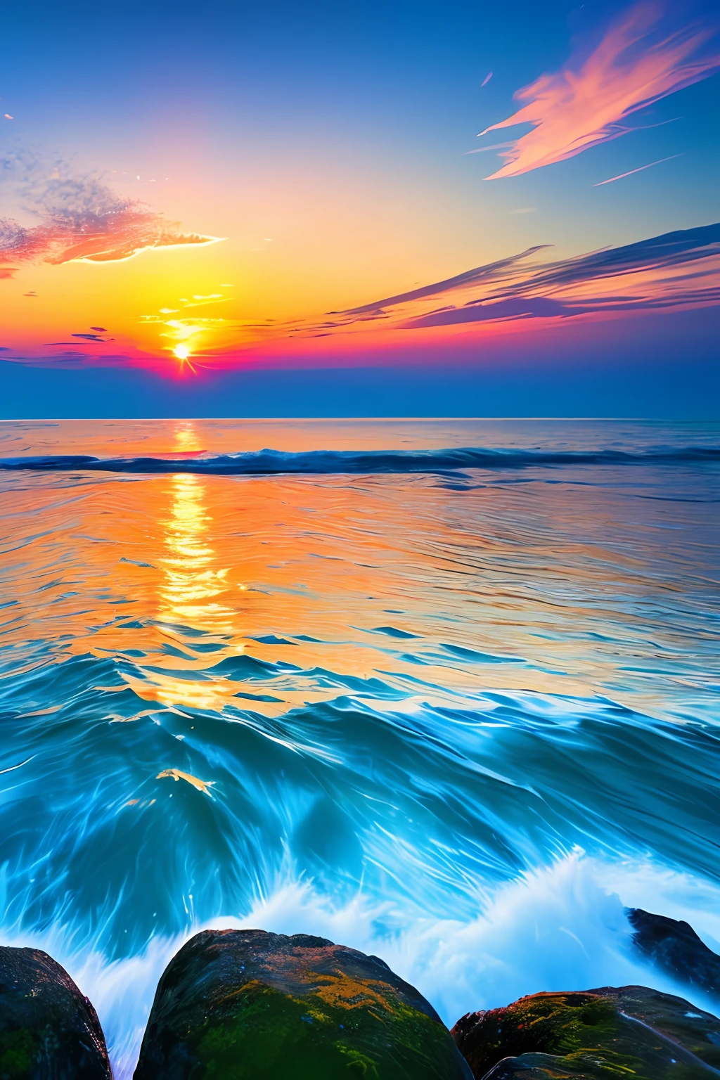 Gorgeous sunrise background with sea, blue water