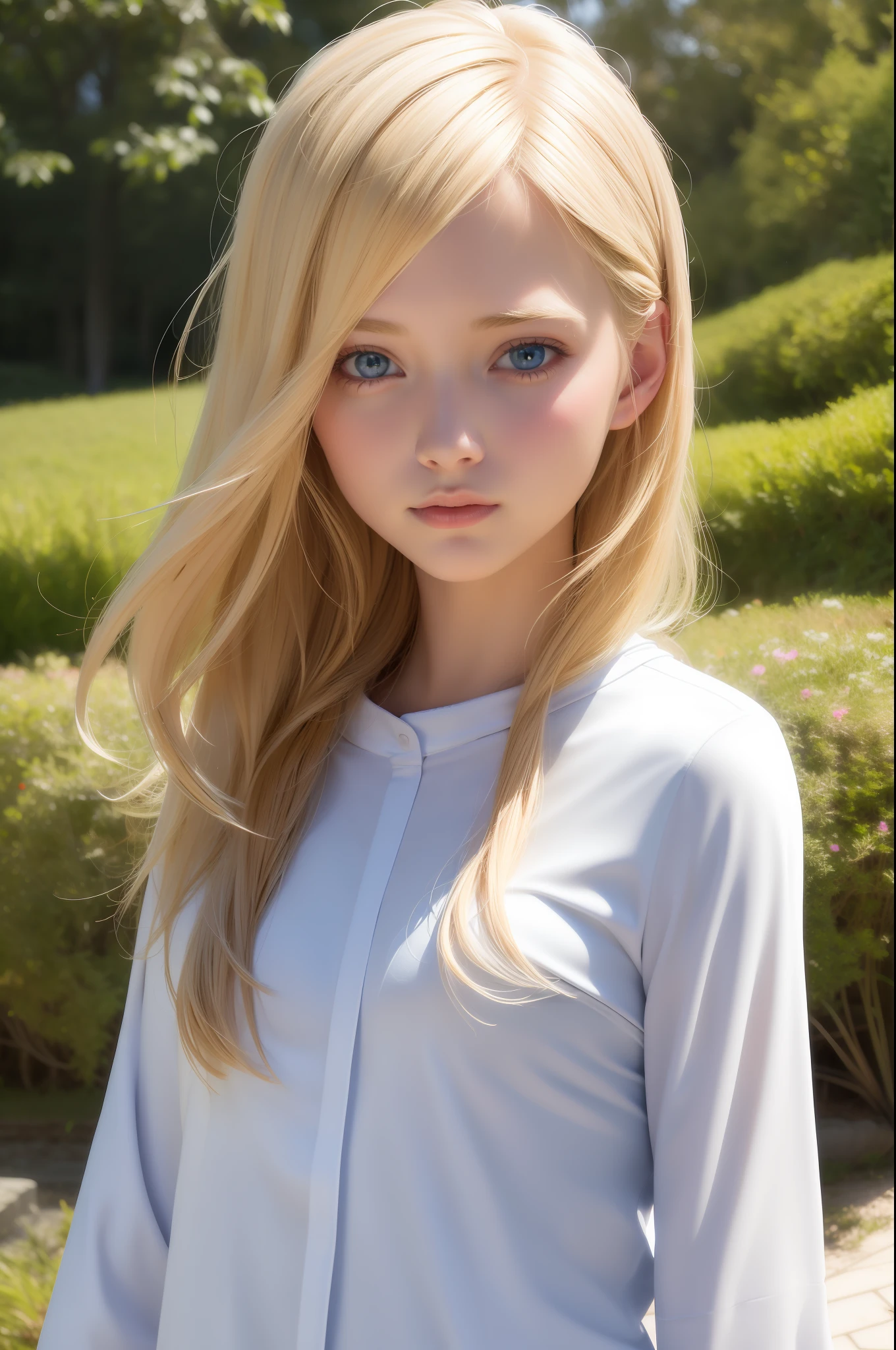 best quality, masterpiece, (realistic: 1.2), 1 girl, blonde hair, blue eyes,Front, detailed face, beautiful eyes, casual shirt, white scenery background