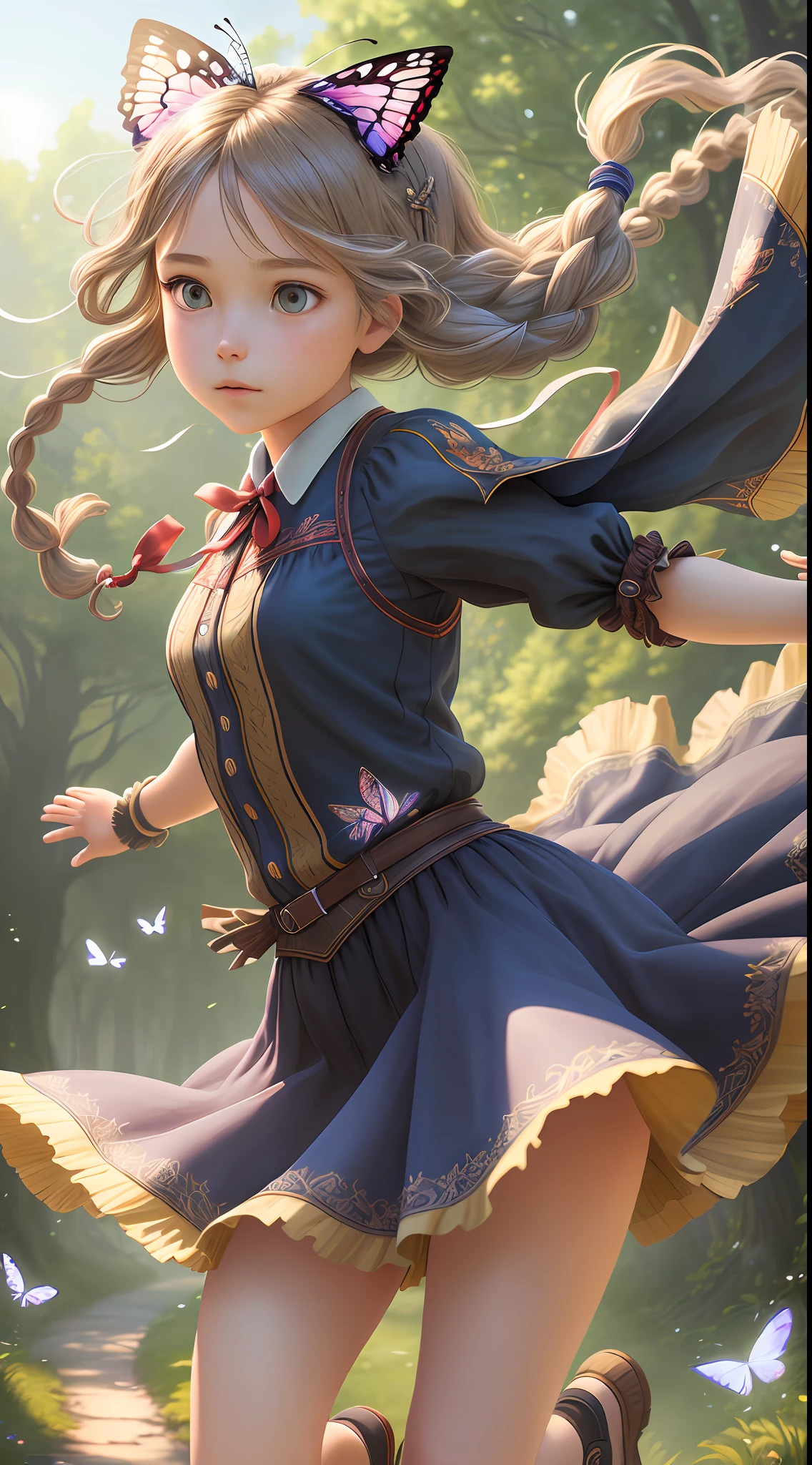 "An enchanting masterpiece, ultra-detailed CG unity wallpaper, featuring a girl with braided hair adorned with a butterfly hair ornament. She is captured in a dynamic and fluid pose, running and appearing to have stumbled. Best quality, high resolution, and expertly balanced light and shadow enhance the breathtaking scene."
