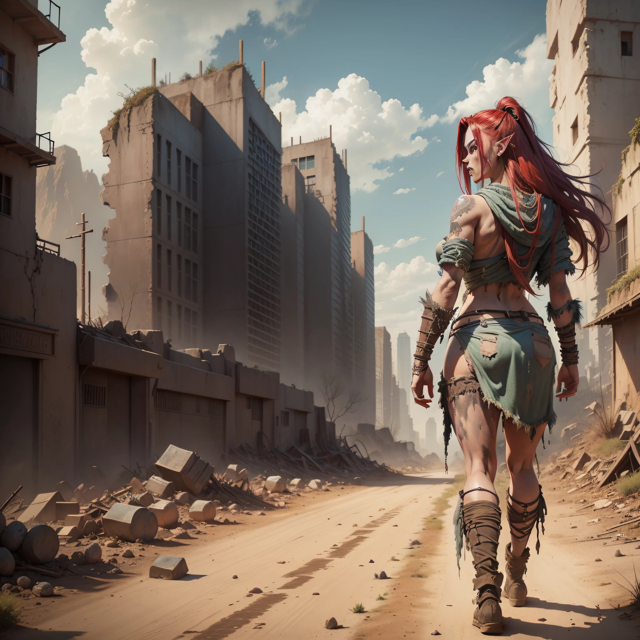 female orc wearing dirty ragged clothes walking on the forest of dead threes, full body, view from behind, red long dirty hair, photorealistic, ultra detailed, masterpiece, best quality, HDR, raw photo, realism, apocalyptic ruins can be seen in the desert background, (((optimal proportions of four fingers and one thumb)))