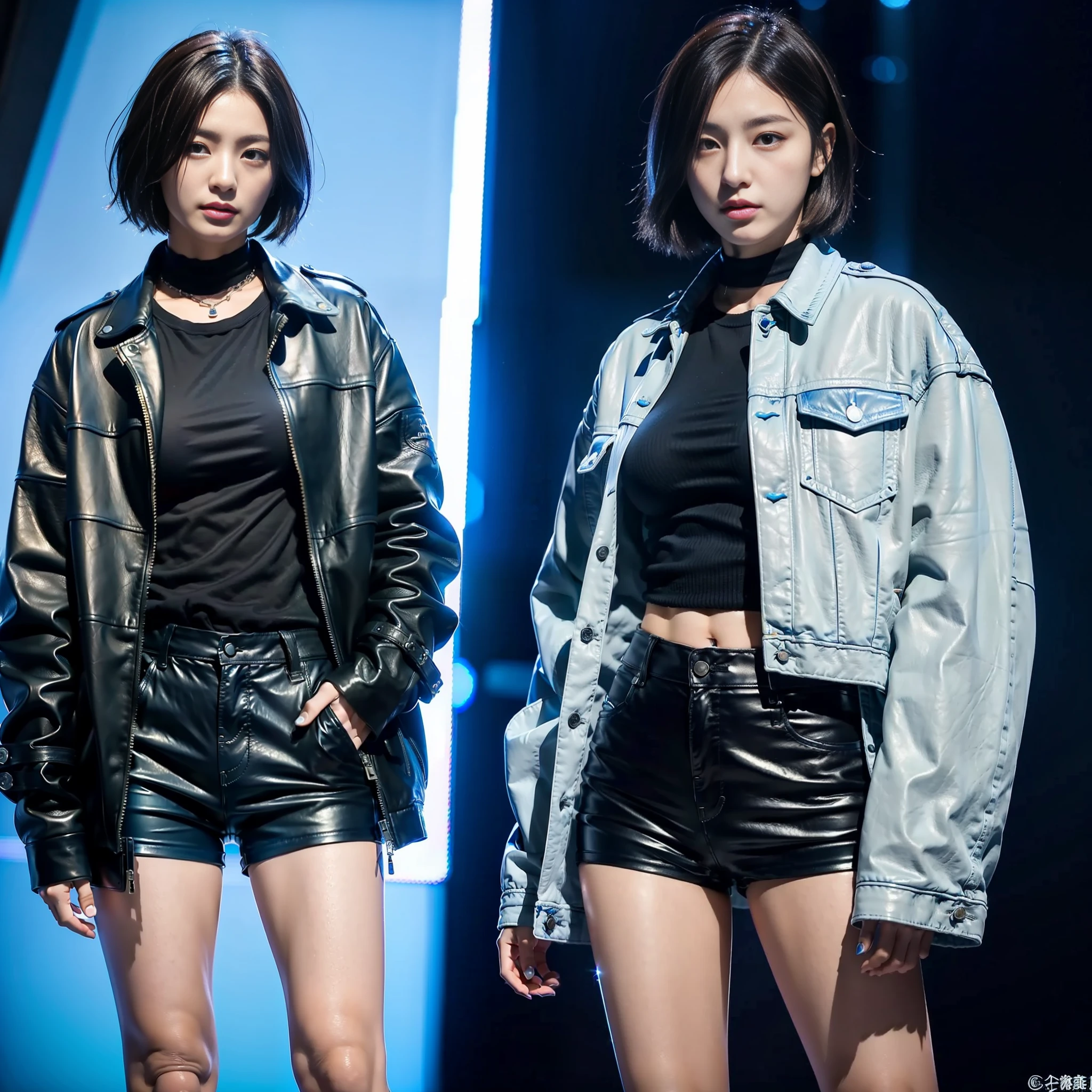 Masterpiece Best Quality Japan Women Boyish 18 Years Old Tall Big Tits Portrait Looking At Camera All Light Blue Light Blue Short Hair Riders Jacket Leather Pants Leather Boots