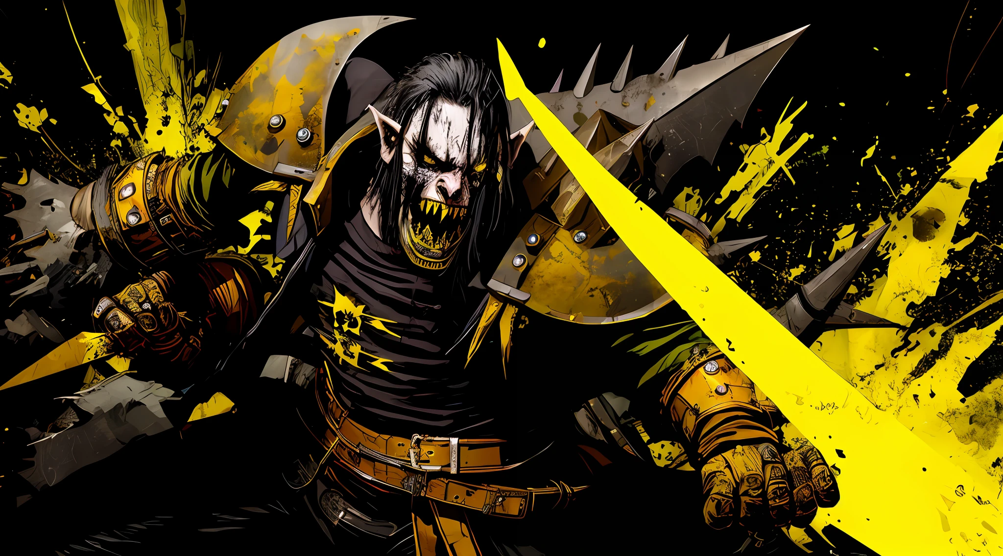 yellow and black, a medieval orc with sharp claws, strong contrast, grunge dirty punk splash art, black metal zine