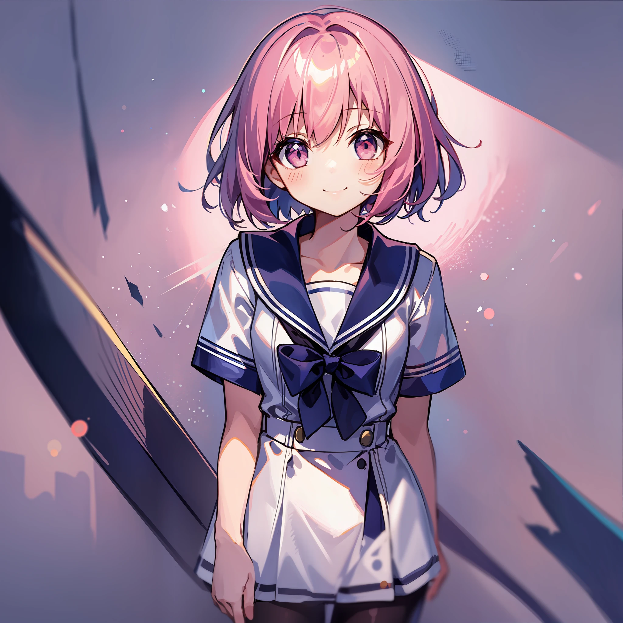 1 girl, solo, (chibi: 1.4), facing right, standing, smiling, pink bob-cut hair, navy blue sailor suit, red ribbon, white background