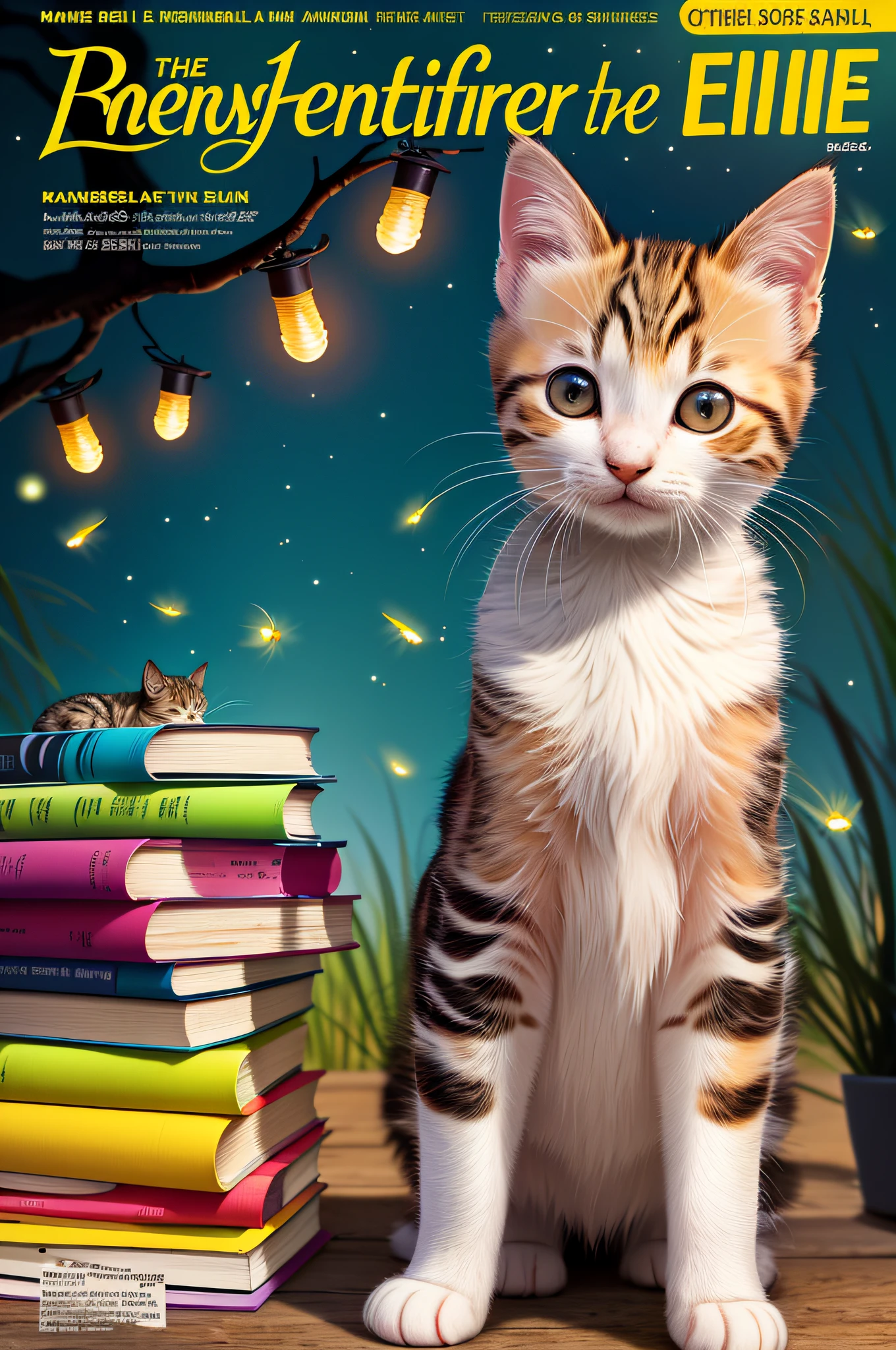 On the cover of the magazine there is one kitten who reads a book, colorful fireflies, in the open air, ((magazine cover)), the cover of a magazine about animals, bright large inscriptions, close-up, best quality, masterpiece