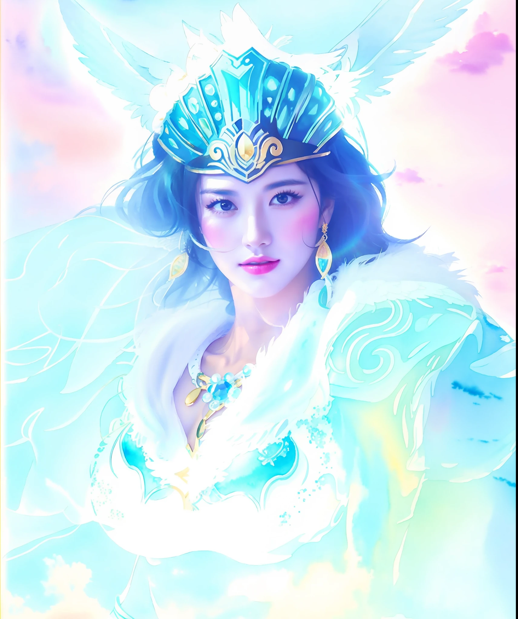 Portrait of a beautiful woman wearing angel wings, contemporary Darna portrait with the image of Julian, beautiful face, inspired by Biangliang, queen, Puhua, Neza of Smite, inspired by Queen Li Kang, Mu Yang Lin inspired by Queen Li Kang, Shanxia Hero, beautiful fantasy queen Li Tan, Delicate costumes, fantasy world feeling, expanding horizon, sky and sea, watercolor touch.