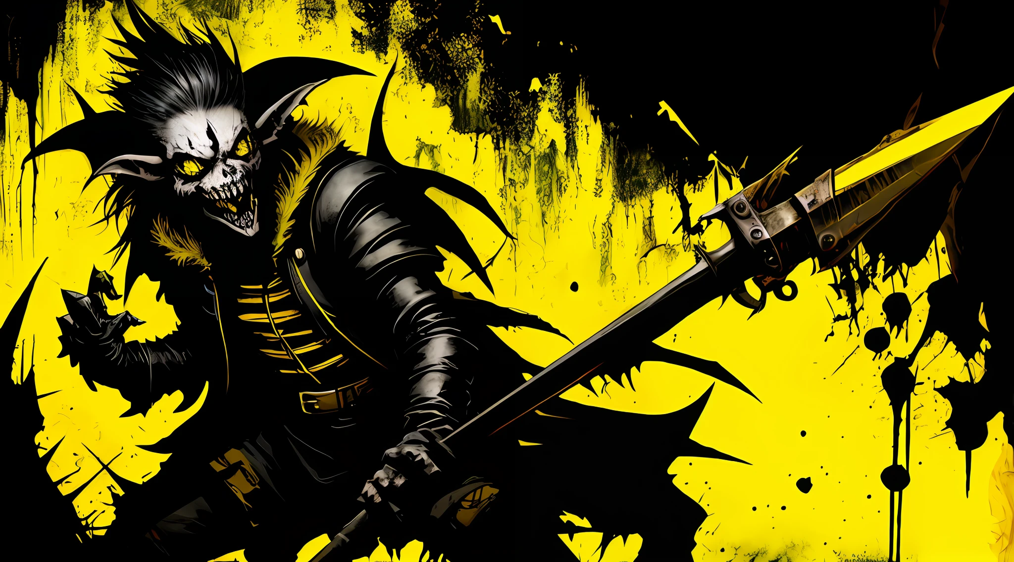 yellow and black, a medieval goblin with sharp claws, strong contrast, grunge dirty punk splash art, black metal zine
