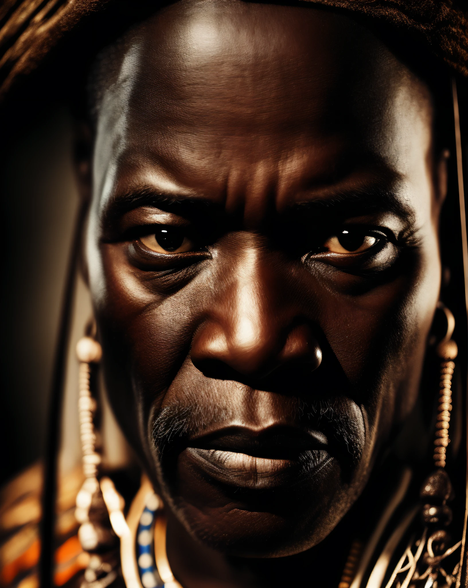Masterpiece, best quality, photography, film still, Split lighting portrait of an African tribe chief, close-up, volumetric lighting, dark atmosphere