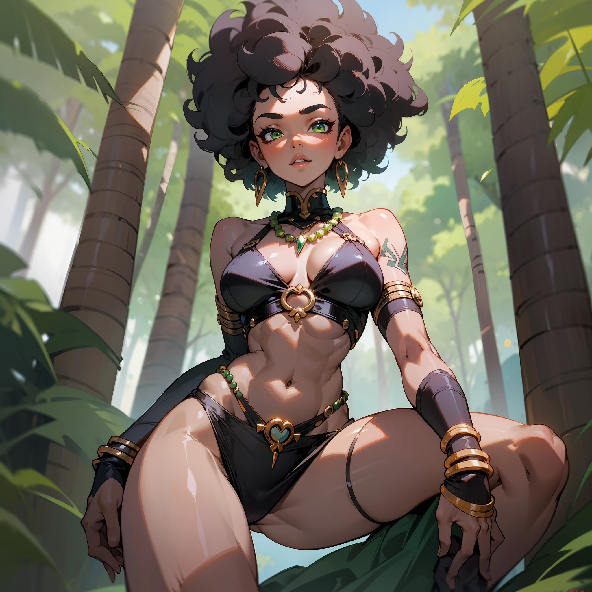 Empowered black/afro woman, gorgeous green eyes, thin face, fleshy lips (sensual, botox), earrings, necklace rings with rubies/afro stones, straight spiky hair, short shoulder length, very smooth, dark wine/dark red color, bottom view, bottom close-up, wakanda fighting suit, African-inspired short, detailed very thin bikini, Low-cut, big breasts very bulky, semi naked, full body, thin, flat belly, skirt up to the knee open in front, carrying African fighting stick, medium hip, rounded ass prone, hot, extremely sexy, savannah with trees in the background, Tatoo tribal
