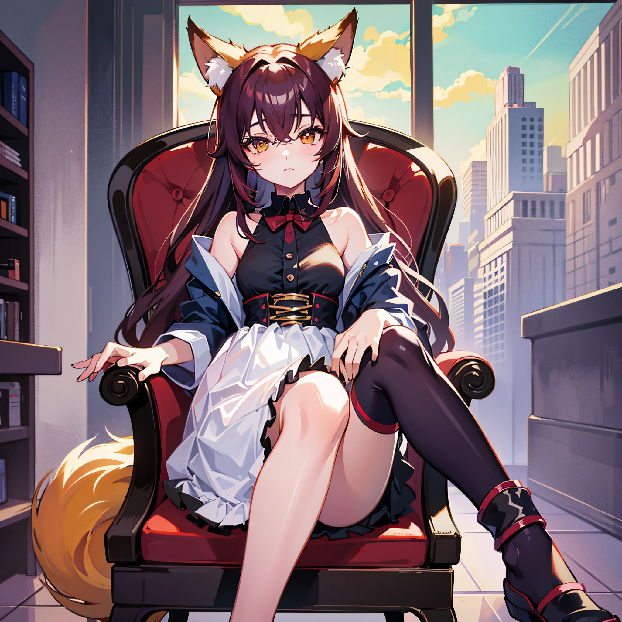 Absurd, masterpiece, high quality, 1girl, lifeland, fox girl, sitting, shoulders exposed, legs crossed, chair, manga style --auto --s2