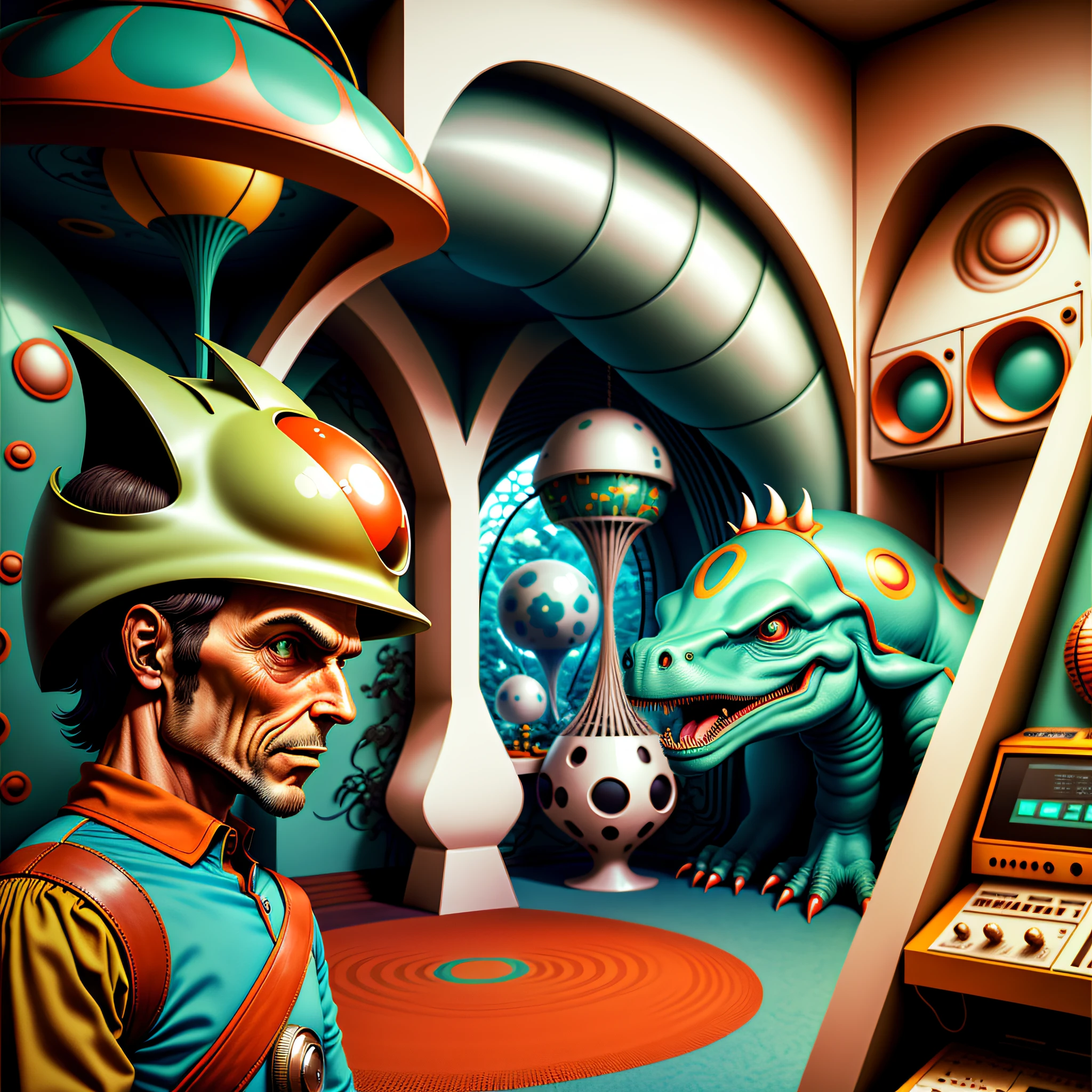 dinosaur head man at a 1970 retro futuristic room