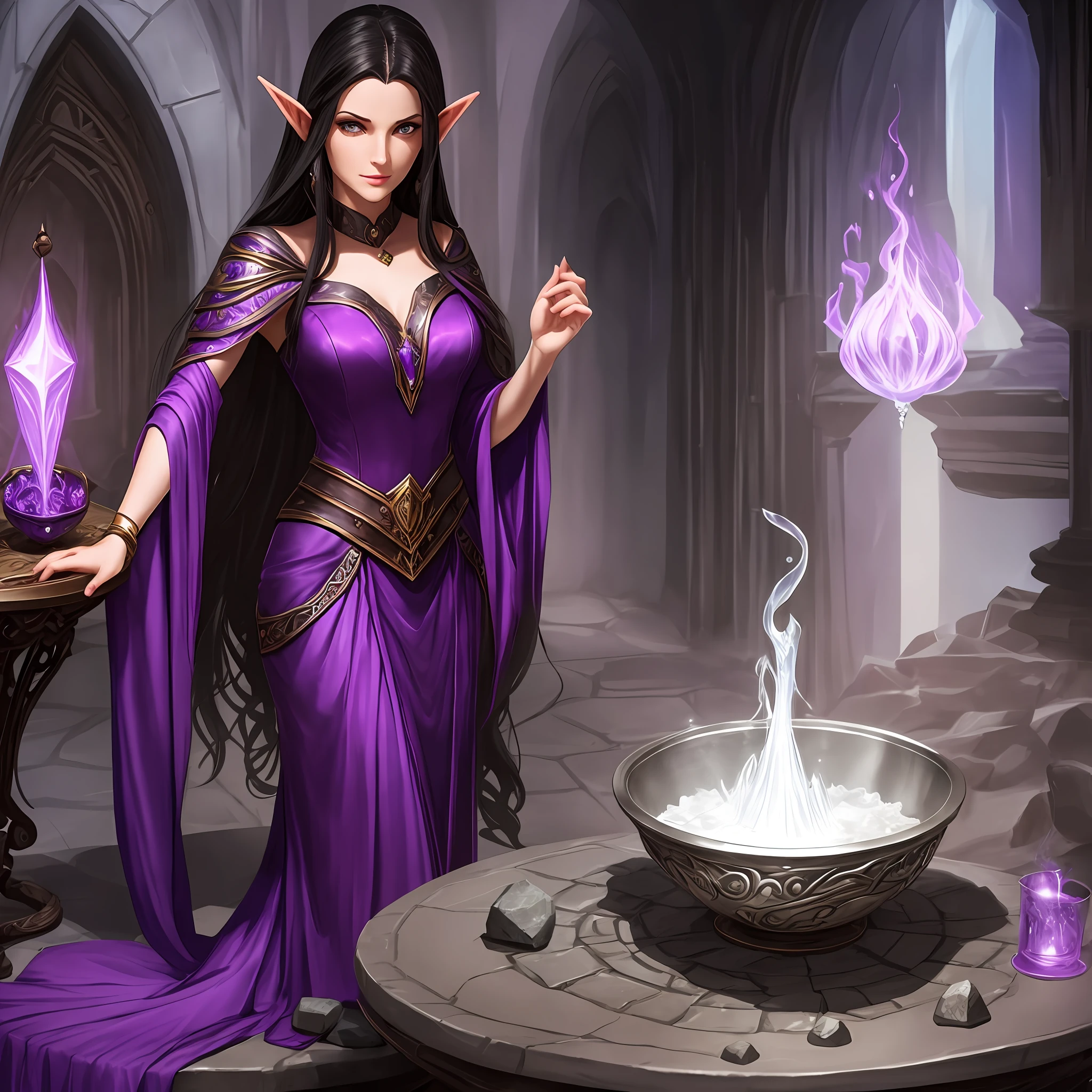 Dark-haired elf in purple dress, Liliana Vess, dark fantasy, good sorceress, closed dress, strict, kind, alone, 1, pours magical sand from her hands into a silver bowl on a stone table