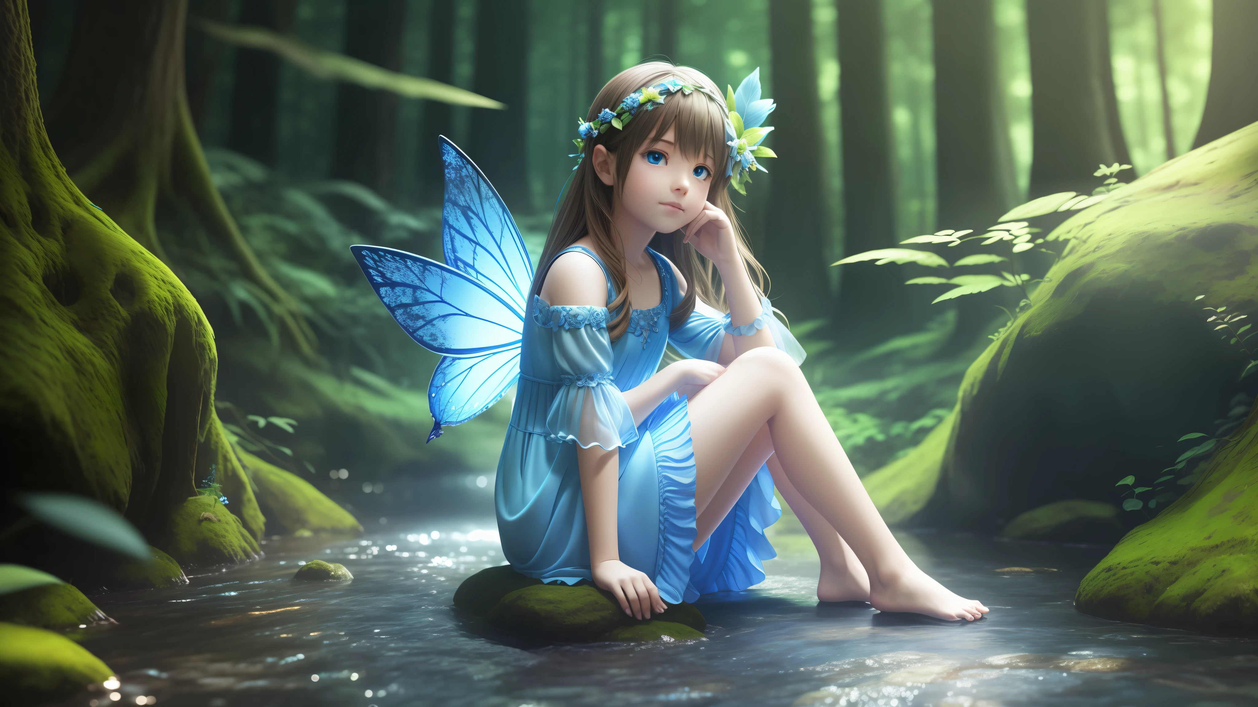a blue forest with a fairy sitting on a rock, chiaroscuro, hyperrealism, luminism, hd, very detailed, 4k, 8k, shot on a Nikon Z7 II and Nikon NIKKOR Z 105mm f/2.8 VR S, best quality, detailed face, detailed eyes, detailed pupils, detailed clothes and features, clear background