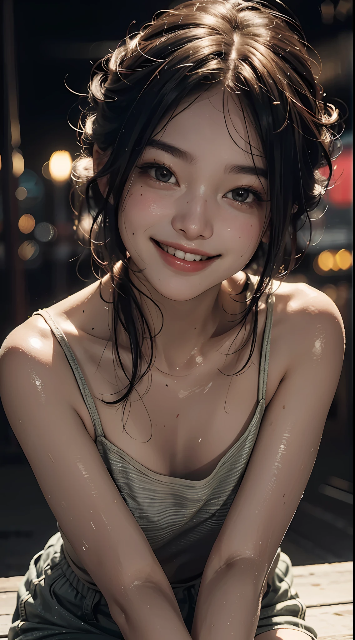 Top quality, masterpiece, ultra high definition, (Reality: 1.4), Original photo, 1Girl, cinematic lighting, smile, bright, photo-like, sweaty, face red, pose to take photo