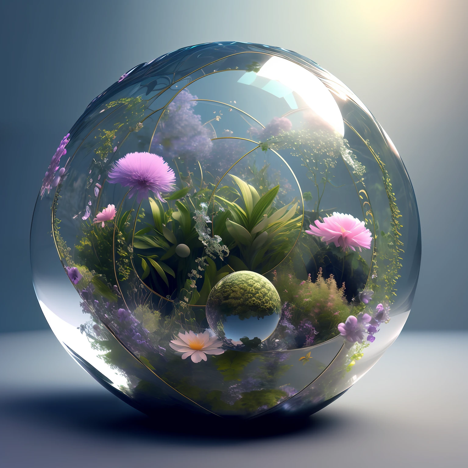 spherical Terrarium, abstract dream, flower, brushes, ivy, foliage, wild, orb, fantasy, complex, gemstone, highly detailed, intricate, elaborate, octane render, 4k HDR, colorful, fractal, black background, eco system, glowing, reflection, crepuscular rays, luminescence, particles, butterflies