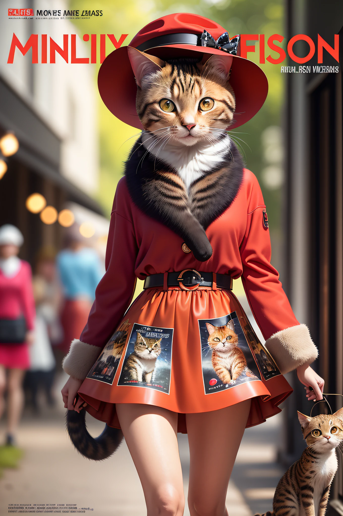 On the cover of the magazine there is one fashionable cat on the catwalk wearing a red skirt and hat, colorful bokeh fireflies, outdoors, ((magazine cover)), the cover of a fashion magazine about animals, bright large lettering, close-up, best quality, masterpiece
