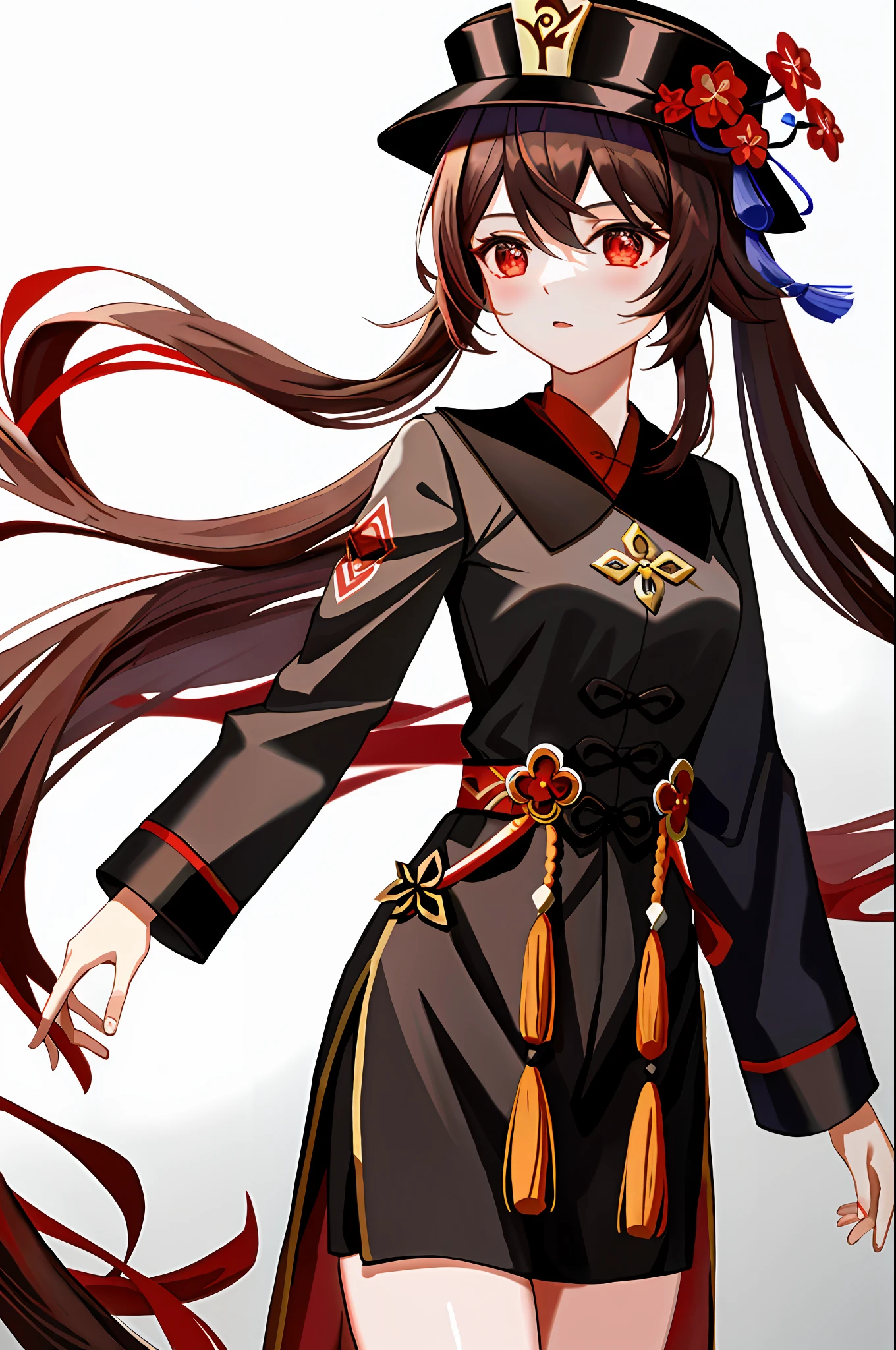 Masterpiece, Excellent, 1girl, Hu Tao (Genshin), Bu Tao, Hat, Red Eyes, Double Ponytail, Brown Hair, Solo, Symbolic Pupils, Long Hair, Bangs, Black Shorts, Hanfu, Chibi