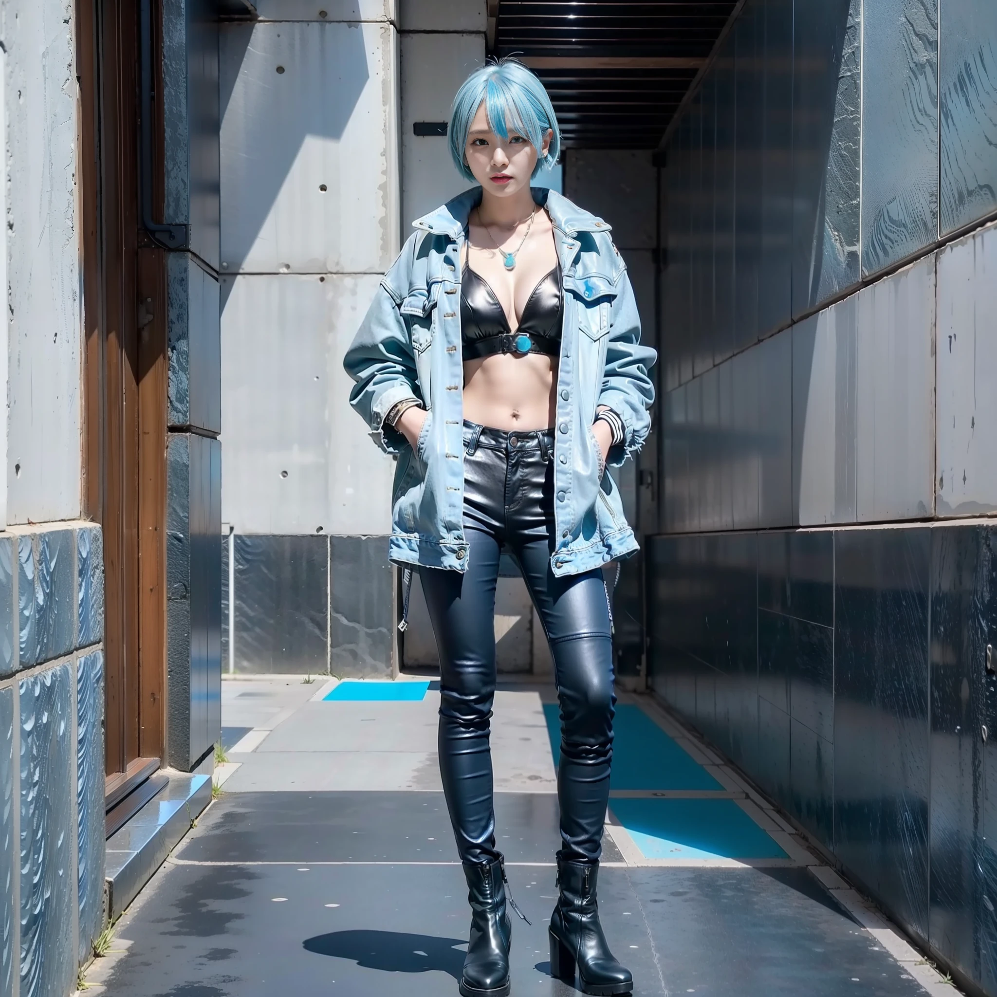 Masterpiece Best Quality Japan Women 18 Years Old Boyish Tall Big Tits Looking At Camera Full Body All Light Blue Light Blue Hair Short Cuts Riders Jacket Leather Pants Leather Boots