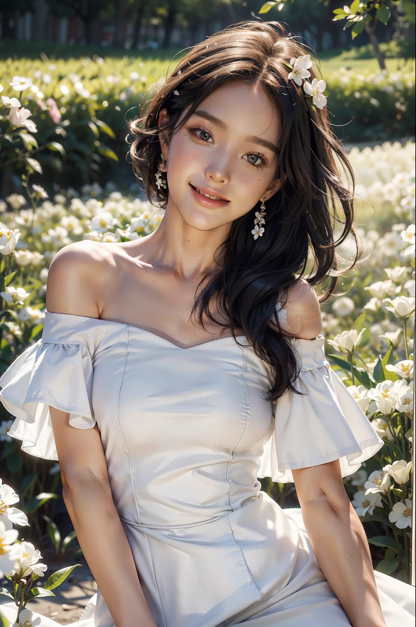 Best quality, masterpiece, ultra high res, (photorealistic:1.4), raw photo, 1girl, white dress, off shoulder, blossom flower field, glowing skin, light smile