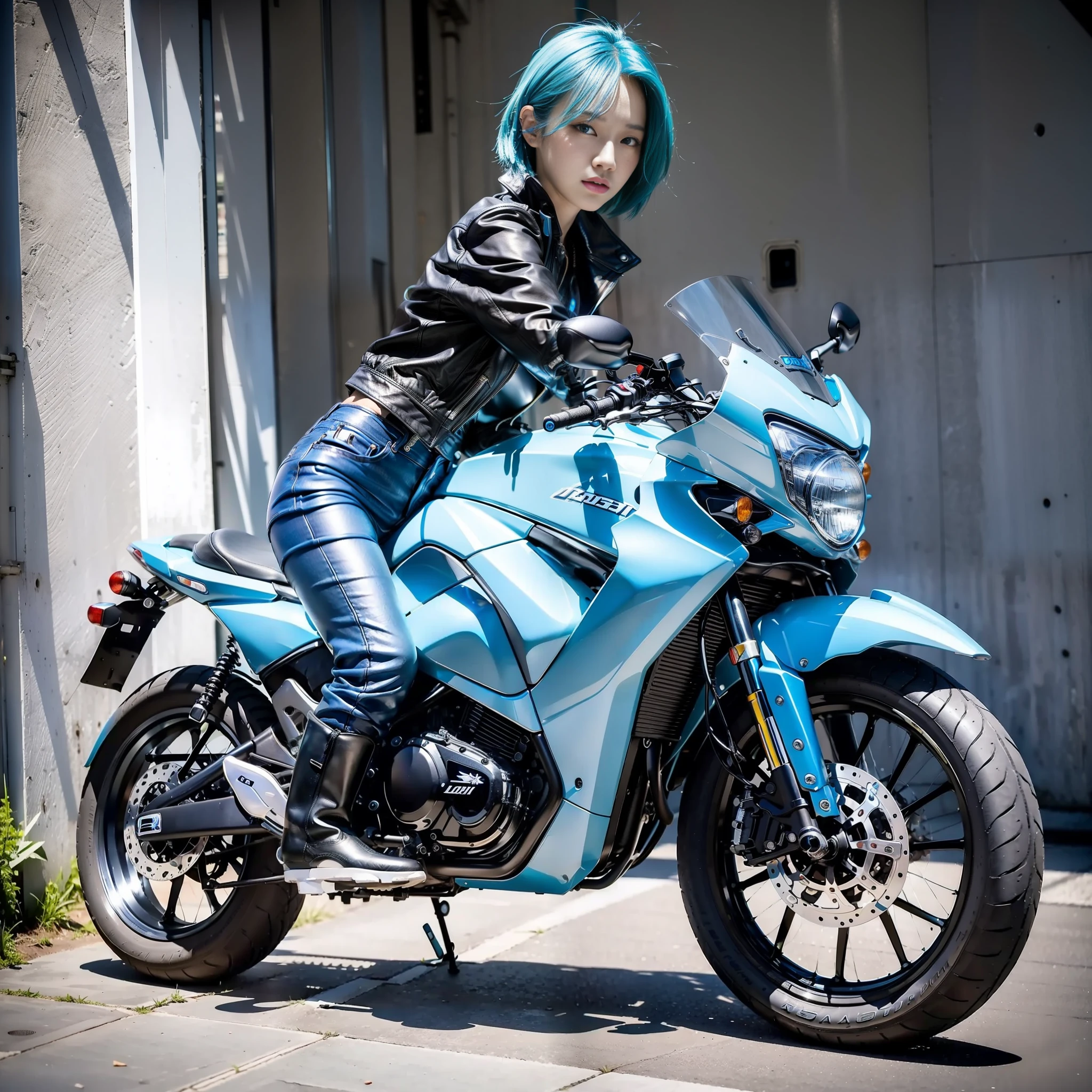 Masterpiece Best Quality Japan Women 18 Years Old Boyish Tall Big Tits Looking At Camera Full Body All Light Blue Light Blue Hair Short Cuts Riders Jacket Leather Pants Leather Boots