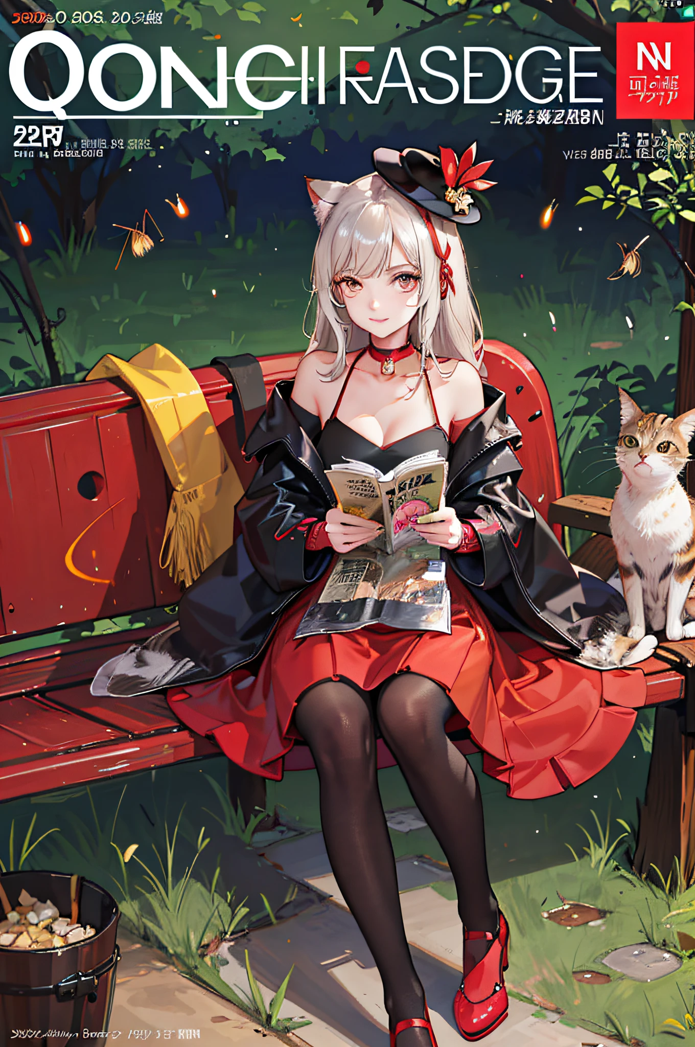 On the cover of the magazine there is one fashionable cat on the catwalk wearing a red skirt and hat, colorful bokeh fireflies, outdoors, ((magazine cover)), the cover of a fashion magazine about animals, bright large lettering, close-up, best quality, masterpiece