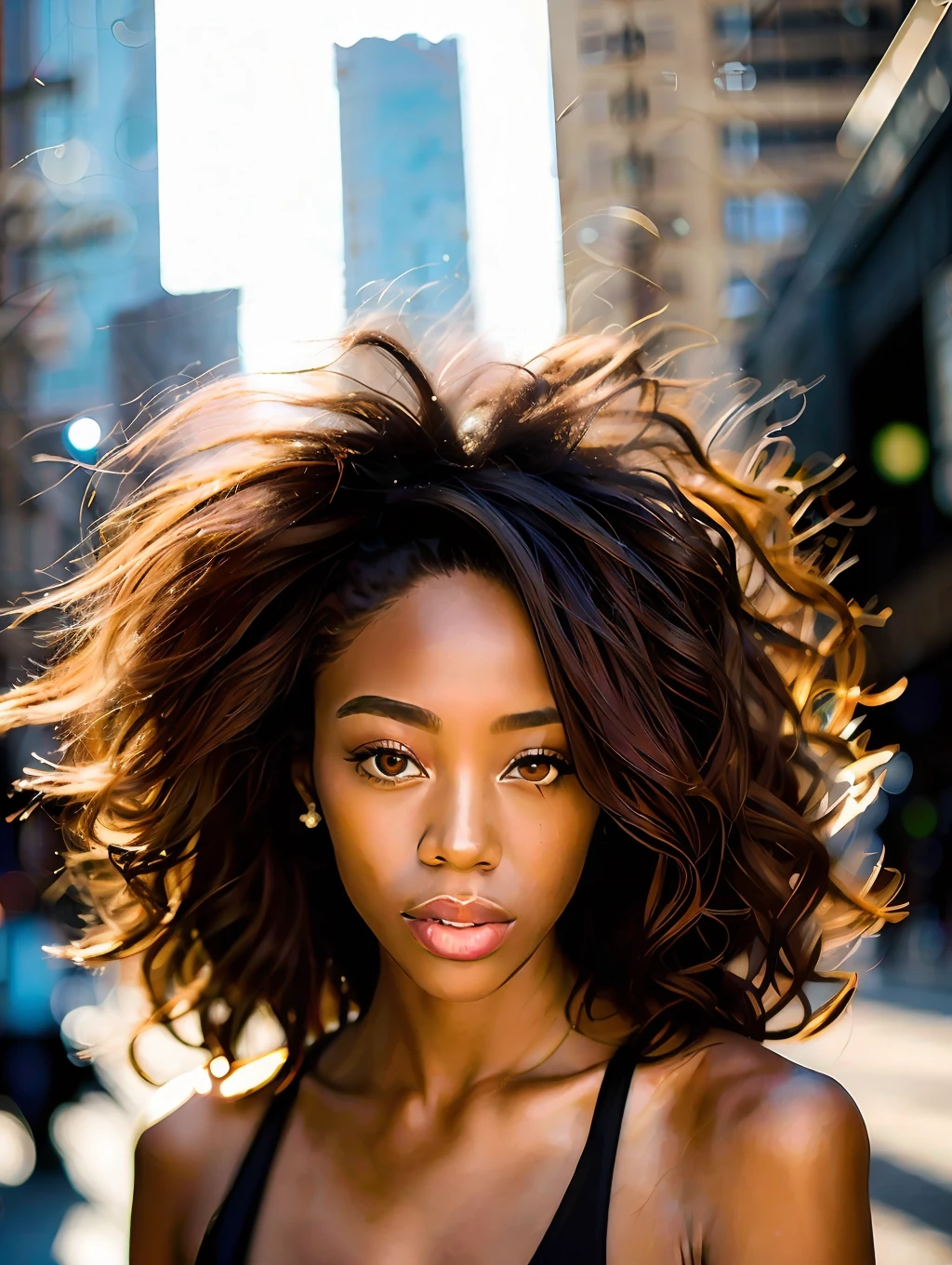 portrait of an insanely stunning beautiful sexy Afro-American woman in a big city environment, messy windy light brown hair, flipping hair, honey eyes, symmetrical face, dramatic lighting, Chaotic atmosphere, sharp eyes, (extreme skin details) ultra realistic, rule of thirds, dramatic overhead lighting, detailed face, cute, shallow depth of field, intricate details, gold rays,