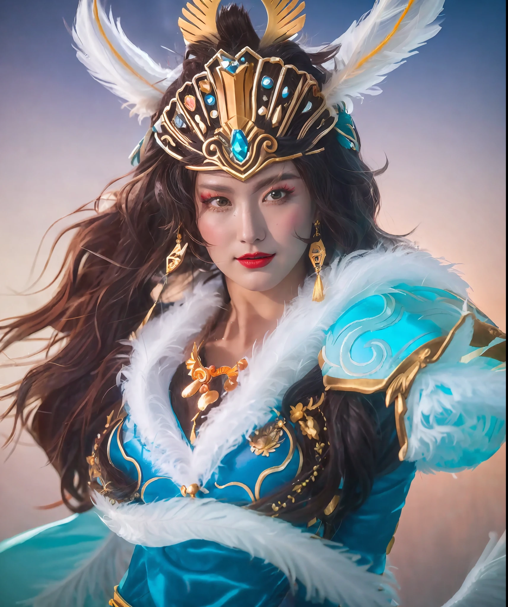 a close up of a woman in a costume with feathers on her head, portrait of modern darna, inspired by Ju Lian, bian lian, empress, inspired by Pu Hua, ne zha from smite, inspired by Li Kan, queen of the sea mu yanling, xianxia hero, inspired by Li Tang, a beautiful fantasy empress