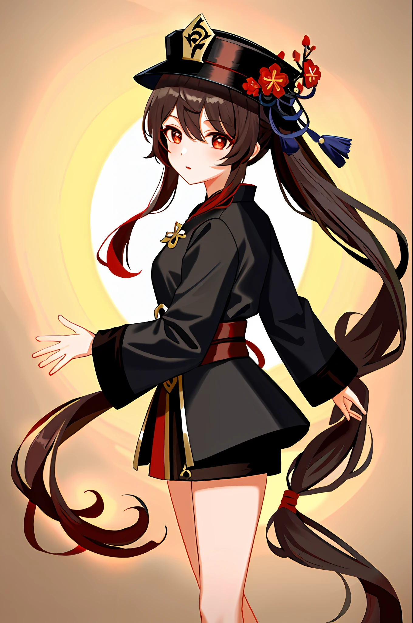 Masterpiece, Excellent, 1girl, Hu Tao (Genshin), Bu Tao, Hat, Red Eyes, Double Ponytail, Brown Hair, Solo, Symbolic Pupils, Long Hair, Bangs, Black Shorts, Hanfu, Chibi