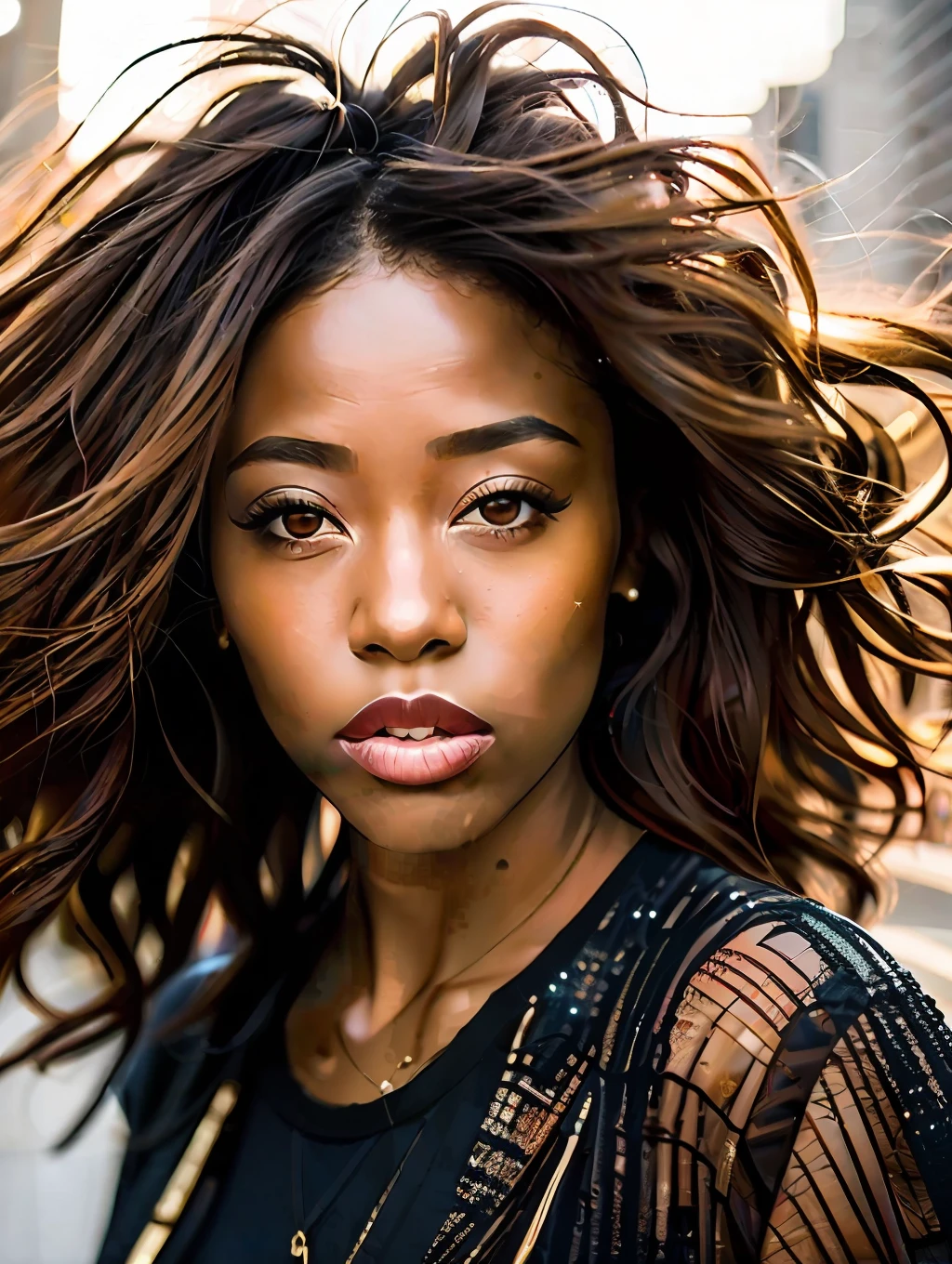 portrait of an insanely stunning beautiful sexy Afro-American woman in a big city environment, messy windy light brown hair, flipping hair, honey eyes, symmetrical face, dramatic lighting, Chaotic atmosphere, sharp eyes, (extreme skin details) ultra realistic, rule of thirds, dramatic overhead lighting, detailed face, cute, shallow depth of field, intricate details, gold rays,