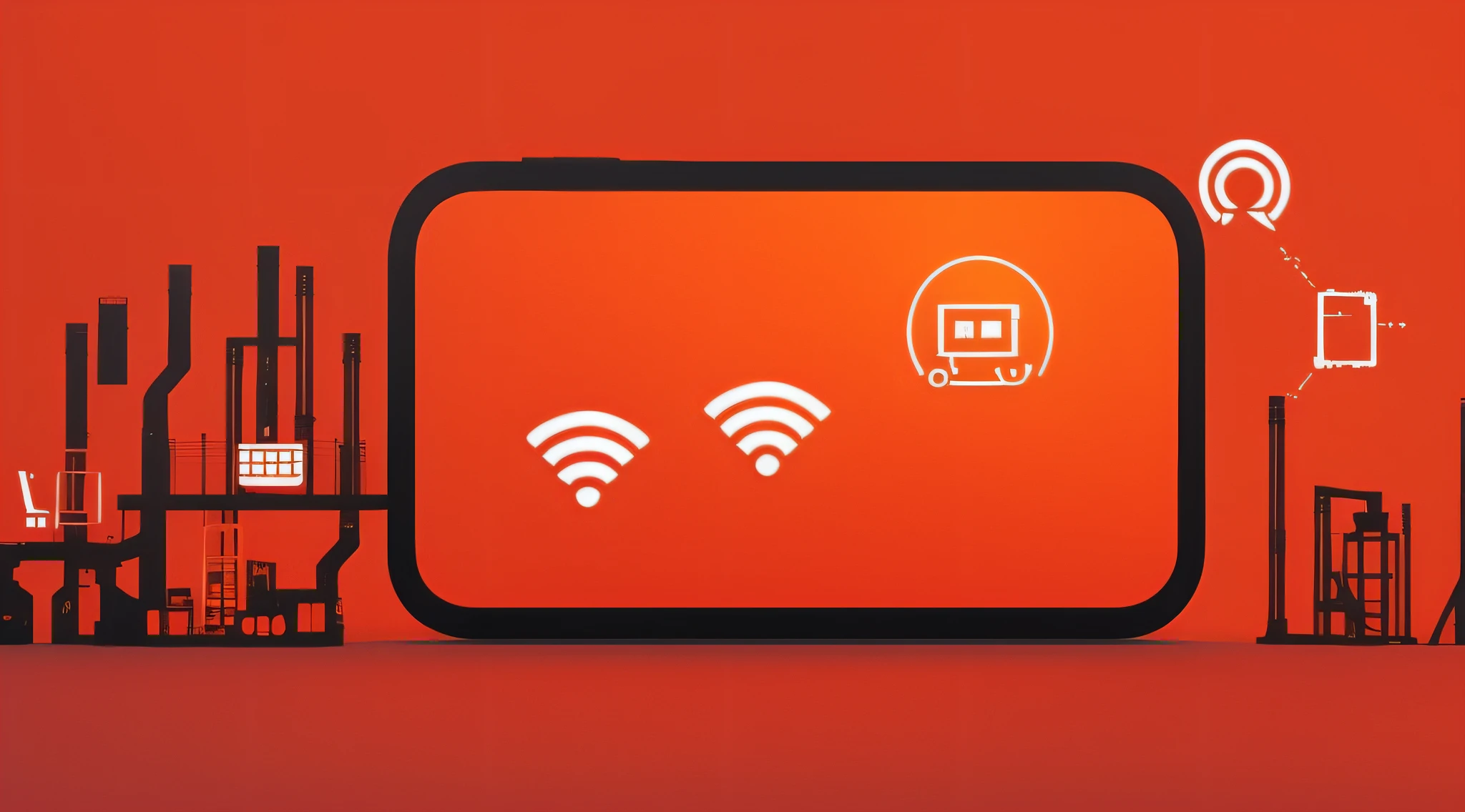 (a modern factory controlled by the technological smartphone). "Featured on the smartphone". IoT devices, 5G icon, connected devices, wi-fi. It refers to the future in a current scenario. vibrant colors, Orange #FA6400, bright lighting, lots of light.
