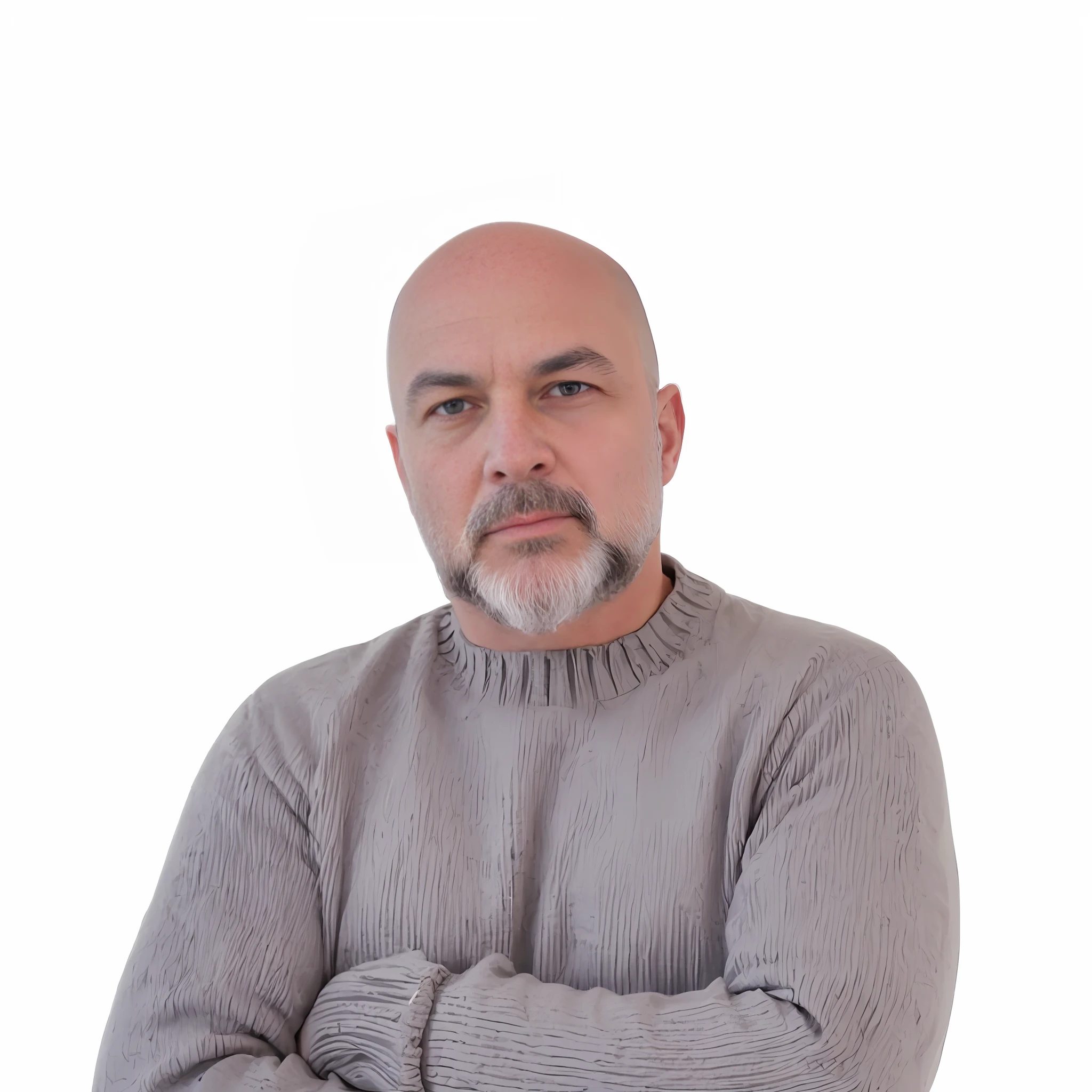 (close-up of a bald man in gray blouse, beard closed, serious expression)
