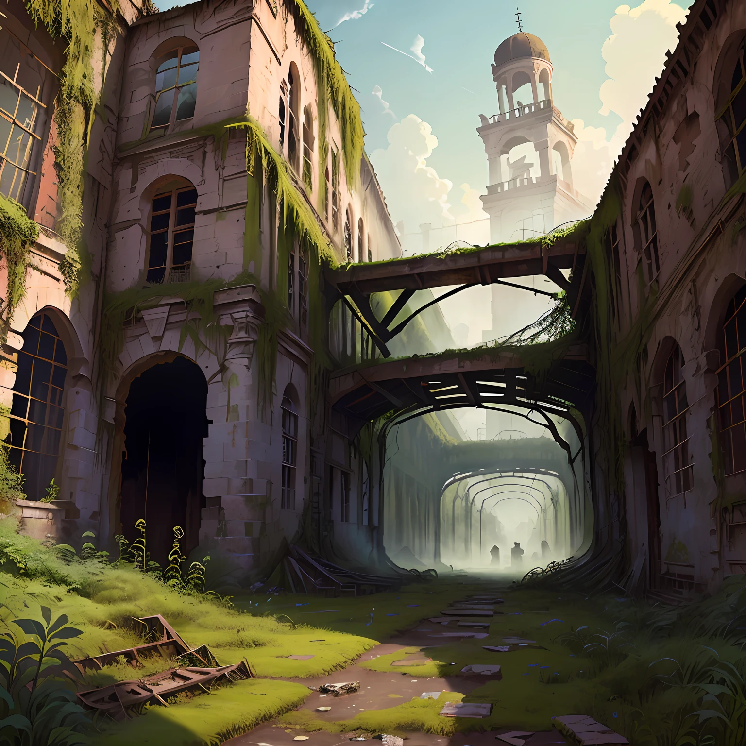 Ancient ruins stand amidst dense jungle, mysterious, abandoned, overgrown, haunting, realistic, intricate details