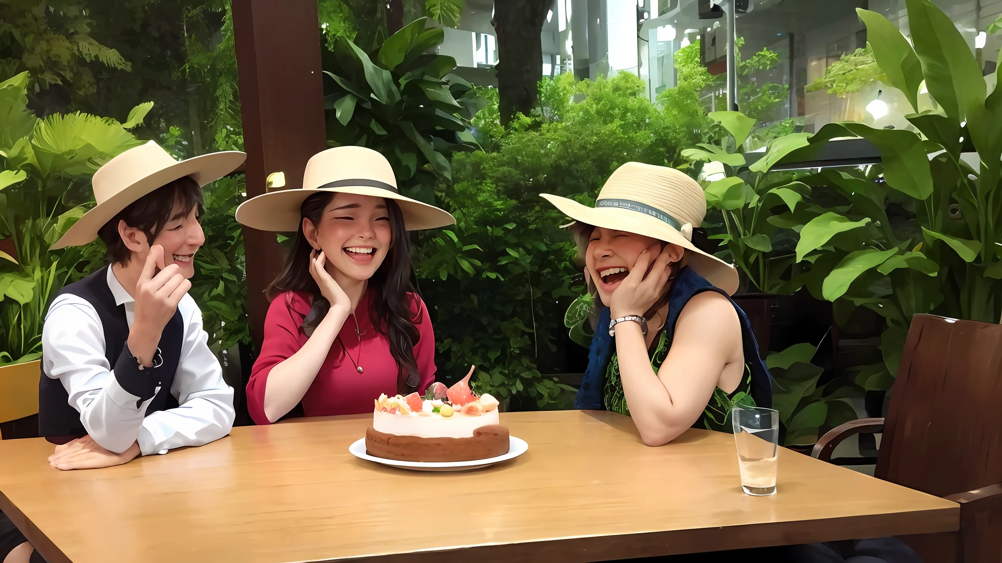 They're sitting at a table with a cake and a hat, both laughing, head bowed back in laughter, laughing and joking, in a rainforest