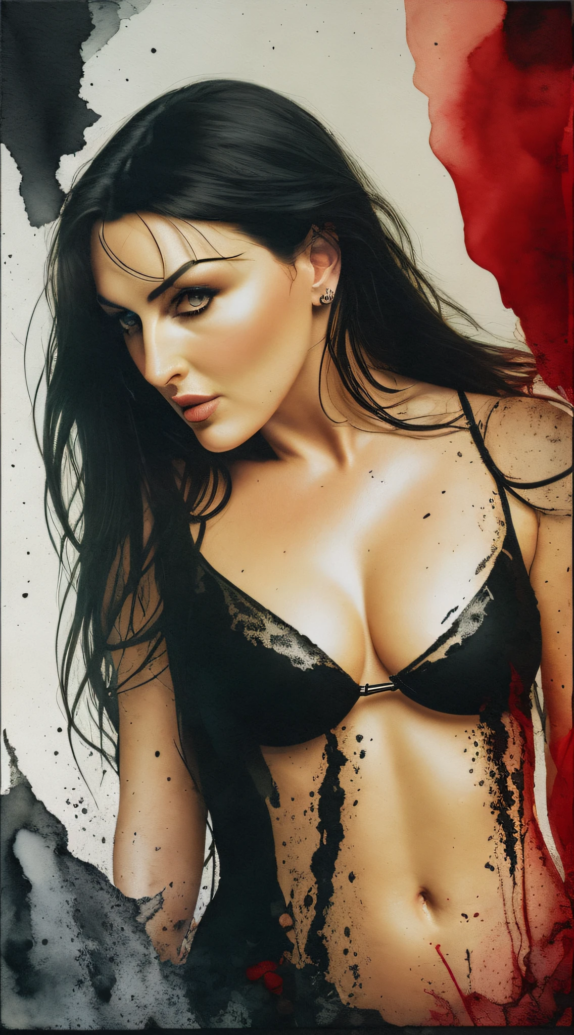 1woman, (((MonicaBellucci))), Beautiful vampire, bared fangs, blood-covered river as background, watercolor style smear, art, dramatic lighting, David Lynch's image style, abstract expressionism, metaphysics, expressionism, golden ratio,details aesthetic octane render excellent composition natural textures 8k oil paining masterpiece sony a7c ISO 50