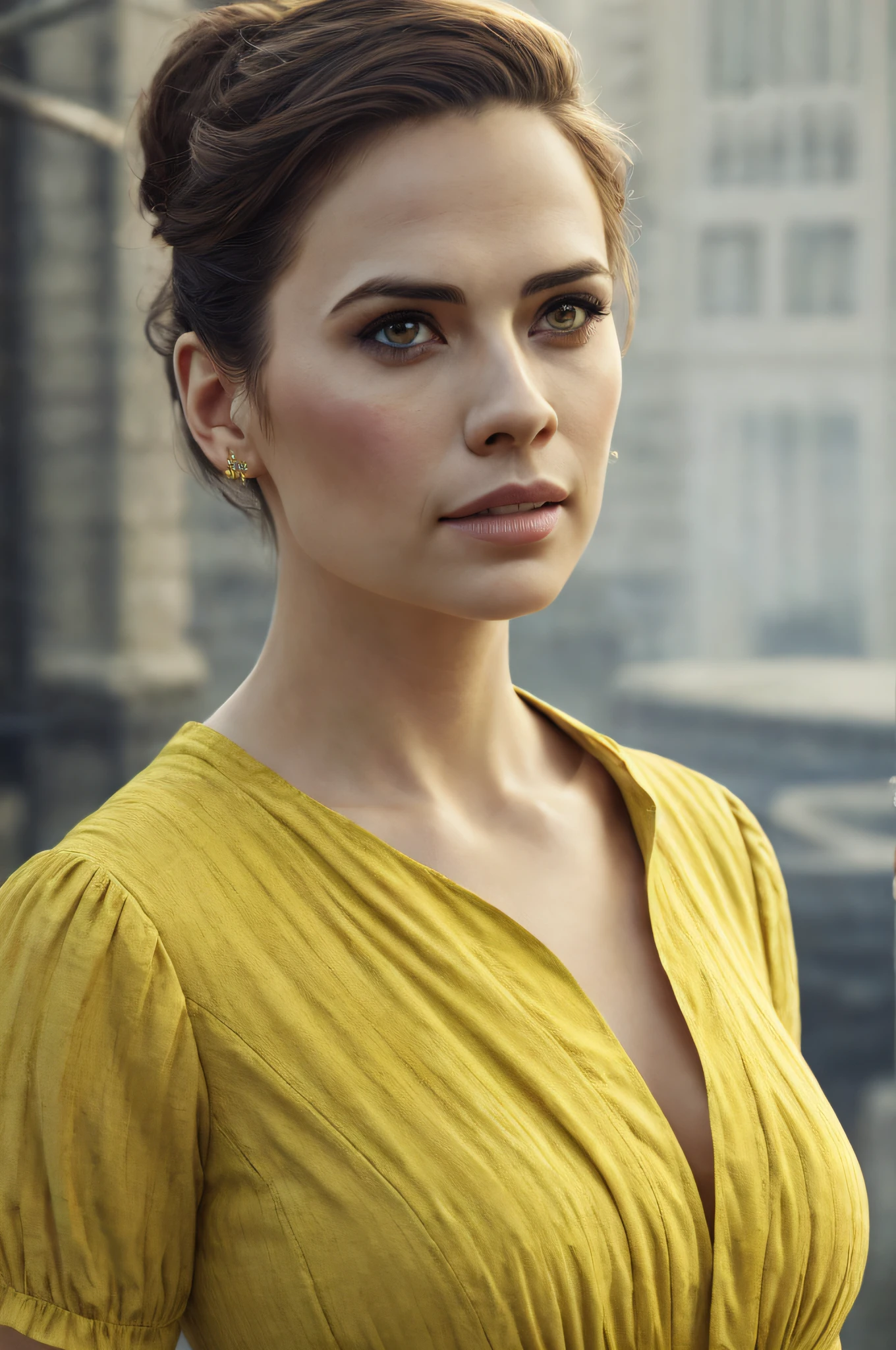 (Thirty year old) woman, wearing a (yellow summer dress::1.3), beautiful legs, dreamy photo, dramatic pose, looking directly at camera, intense stare, slight smile, soft expression, flirty, beautiful beach landscape, sunny, Canon, (Detailed features::1.2), real life. Hayley Atwell, intricate, 8k, highly detailed, (extremely detailed CG unity 8k wallpaper), ((square jaw)), (well defined jaw), (downturned lips), (detailed anatomy), Hyperrealistic full shot body image, trending on CGSociety, Intricate, High Detail, Sharp focus, dramatic, volumetric lighting, digital painting, intense, modelshoot style, (extremely detailed CG unity 8k wallpaper), full shot body photo of the most beautiful artwork in the world, pearl skin, by Jeremy Mann, trending on ArtStation, photorealistic painting art by midjourney