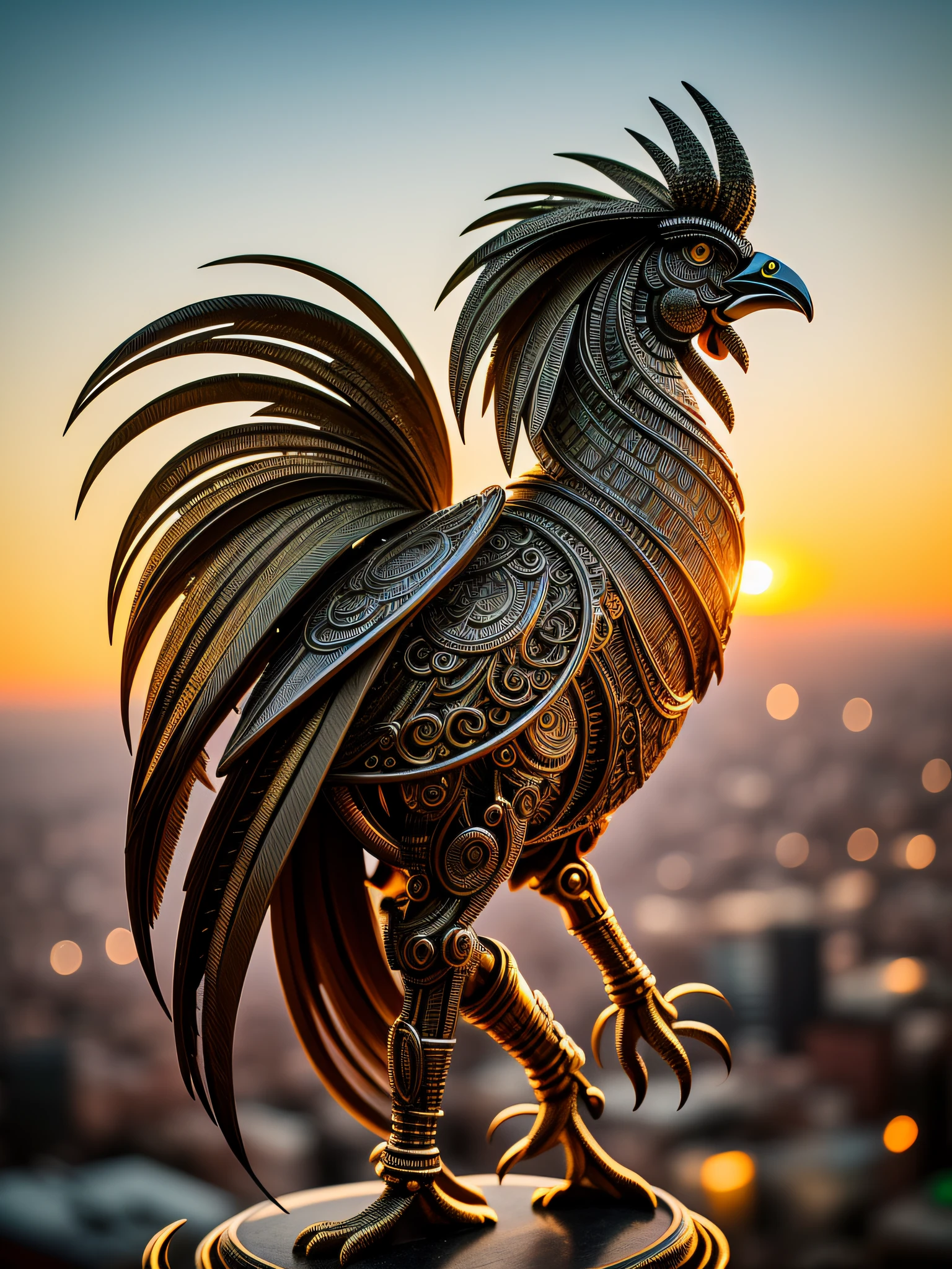 a beautiful rooster, rooster, made of metal, (cyborg:1.1), ([tail | detailed wire]:1.3), (intricate details), hdr, (intricate details, hyperdetailed:1.2), cinematic shot, vignette, centered, wearing elf armor, and on Football Championship Trophy, Copa Libertadores of America.