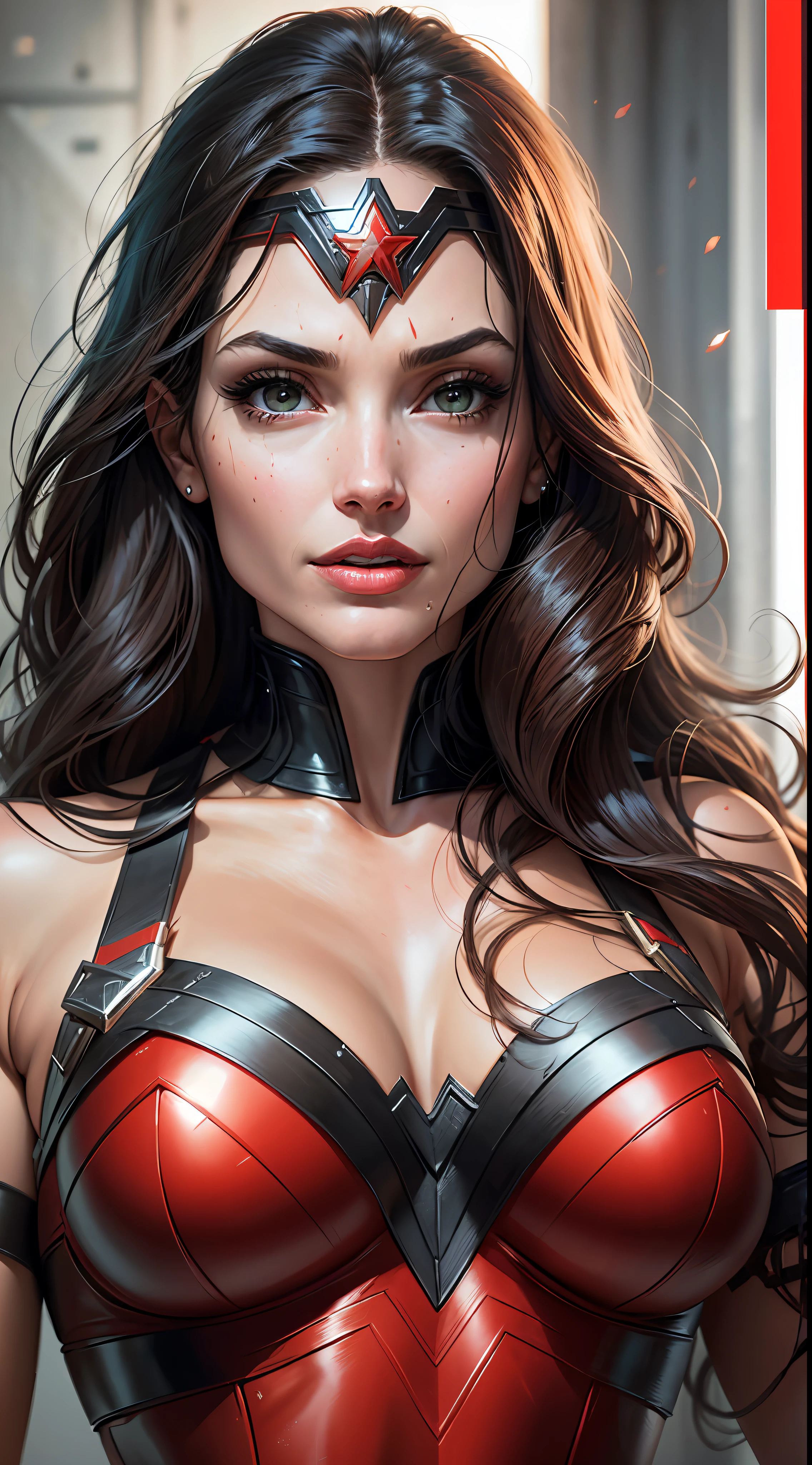 A closeup of a woman in a red and black costume, Wonder Woman, sexy Angelina Jolie painting, Angelina Jolie hybrid, super sexy Angelina Jolie, dressed as Wonder Woman, Superhero body, Portrait of Wonder Woman, Angelina Jolie as Wonder Woman, ultra high resolution costume, hyper detailed costume, comic book character, DC Comics style, perfect anatomy,  hands with 4 fingers and 1 thumb, rendered in 8K resolution for high quality detail, 8K image quality, 8K high resolution image, hyper detailed, super realistic, intricate details --auto --s2