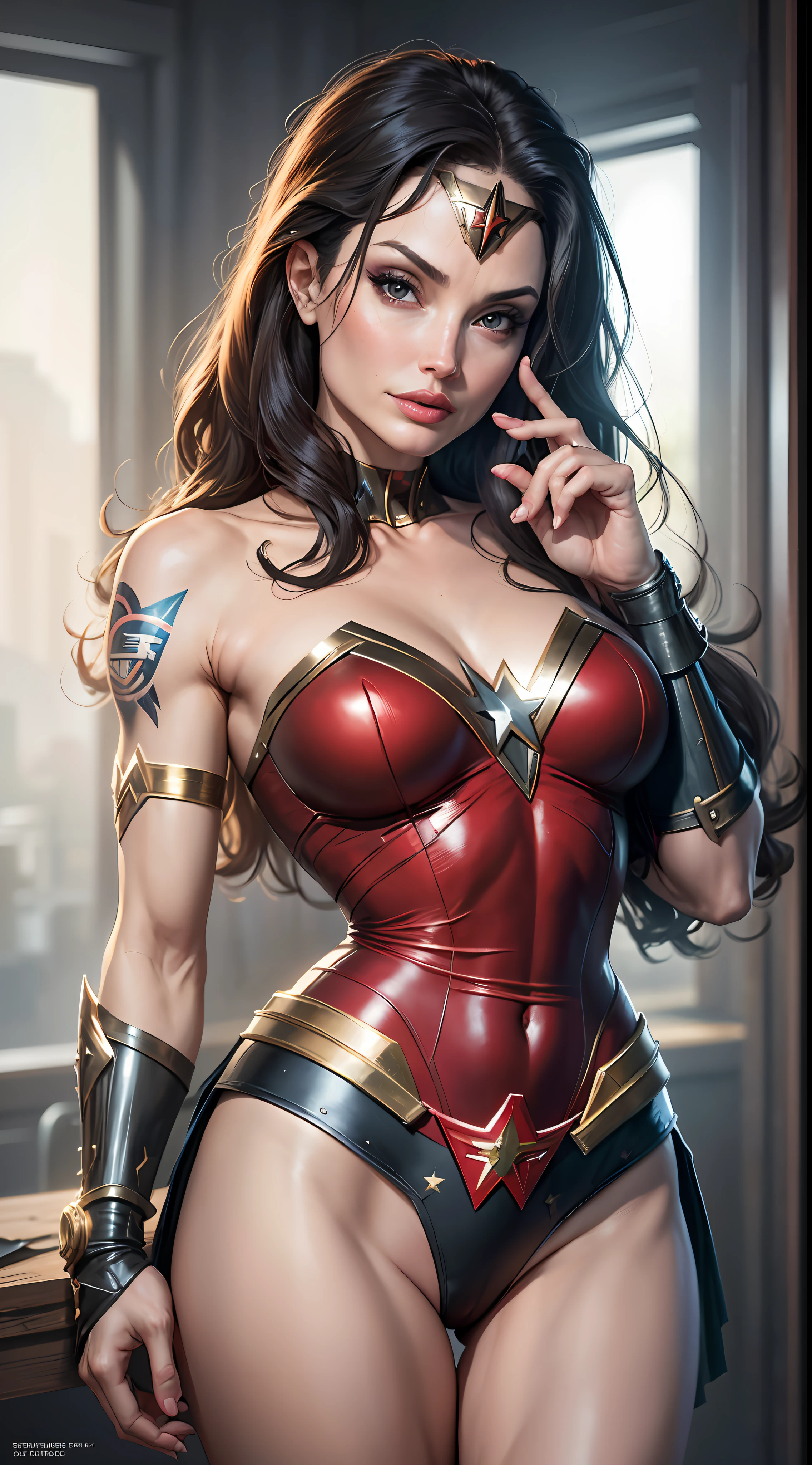 A closeup of a woman in a red and black costume, Wonder Woman, sexy Angelina Jolie painting, Angelina Jolie hybrid, super sexy Angelina Jolie, dressed as Wonder Woman, Superhero body, Portrait of Wonder Woman, Angelina Jolie as Wonder Woman, ultra high resolution costume, hyper detailed costume, comic book character, DC Comics style, perfect anatomy,  hands with 4 fingers and 1 thumb, rendered in 8K resolution for high quality detail, 8K image quality, 8K high resolution image, hyper detailed, super realistic, intricate details --auto --s2
