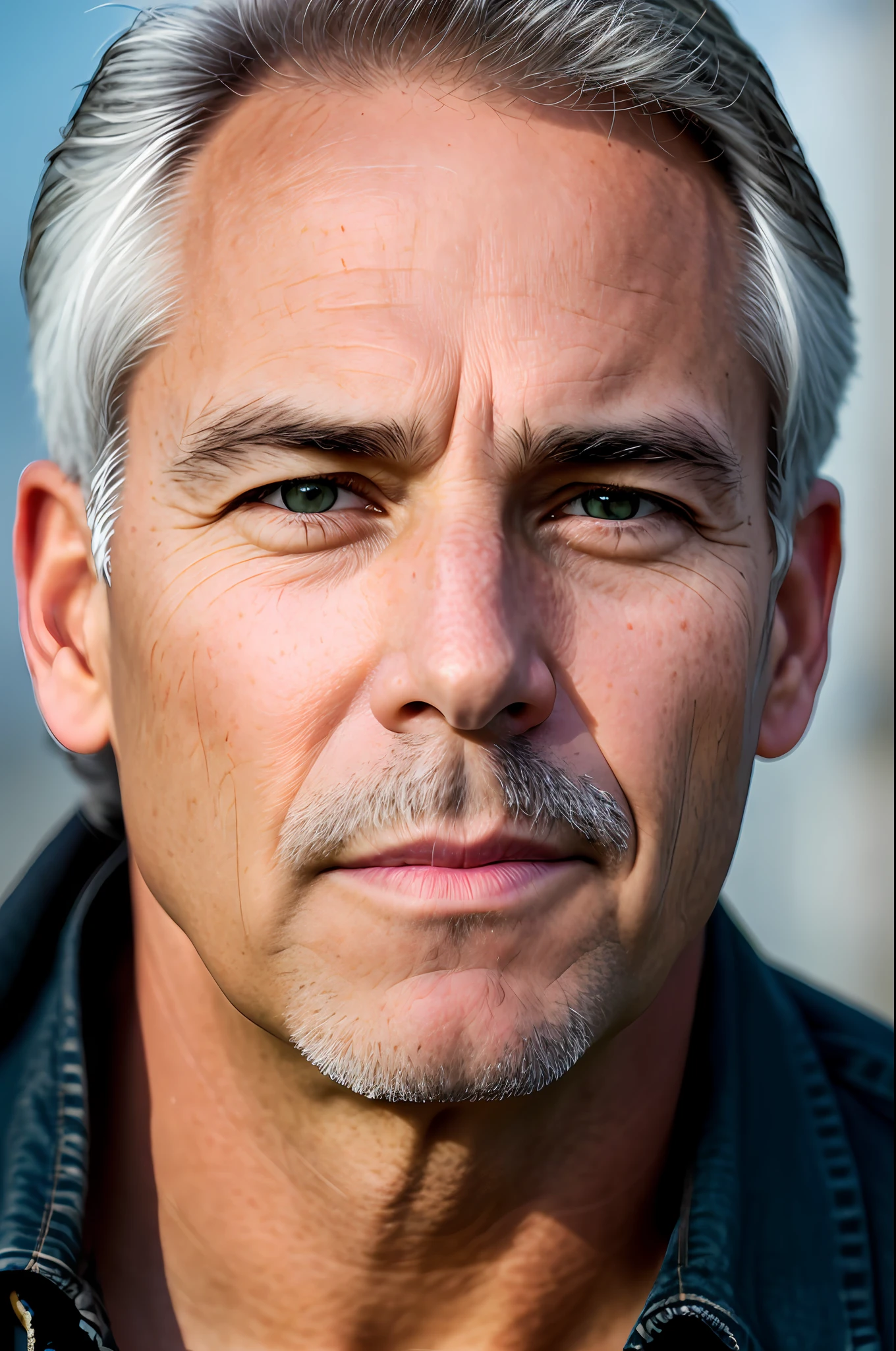 Full frame, close portrait, male model, active white male, tanned and wrinkled skin, lowered gray hair, greenish-brown eyes, (skin texture), skin pores, shallow depth of field, sharp eye focus, backlit