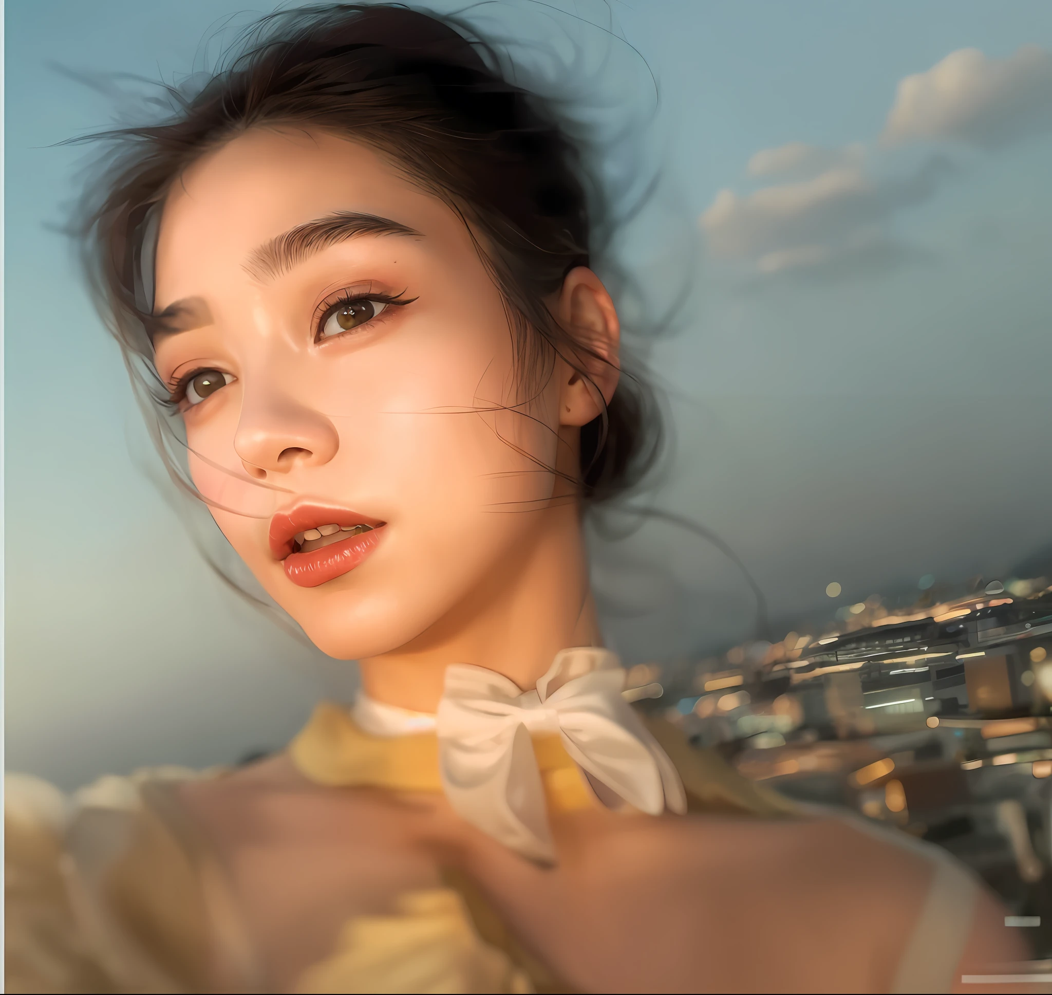 Allad image of a woman wearing a bow tie, background is a city, 8k selfie photo, clear face, selfie of a young woman, low quality shot, low quality photo inspired by Cheng Jiasui, blurry footage, low quality video, calm night. Over-the-shoulder shooting, camera looking up at her, sunset